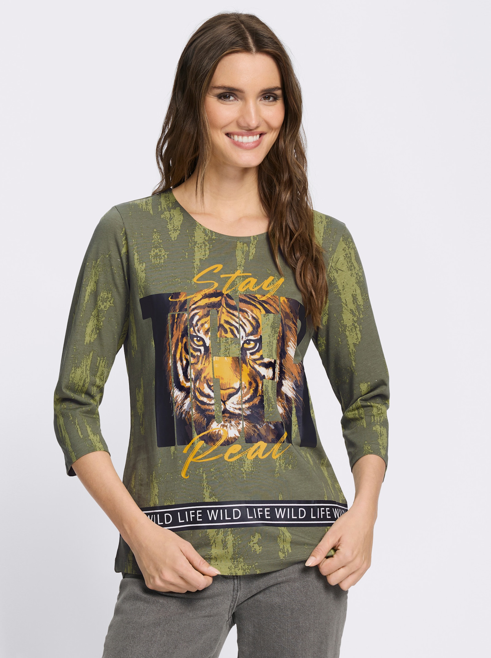 Rundhalsshirt mit Tiger-Motiv im Vorderteil - khaki-braun-bedruckt