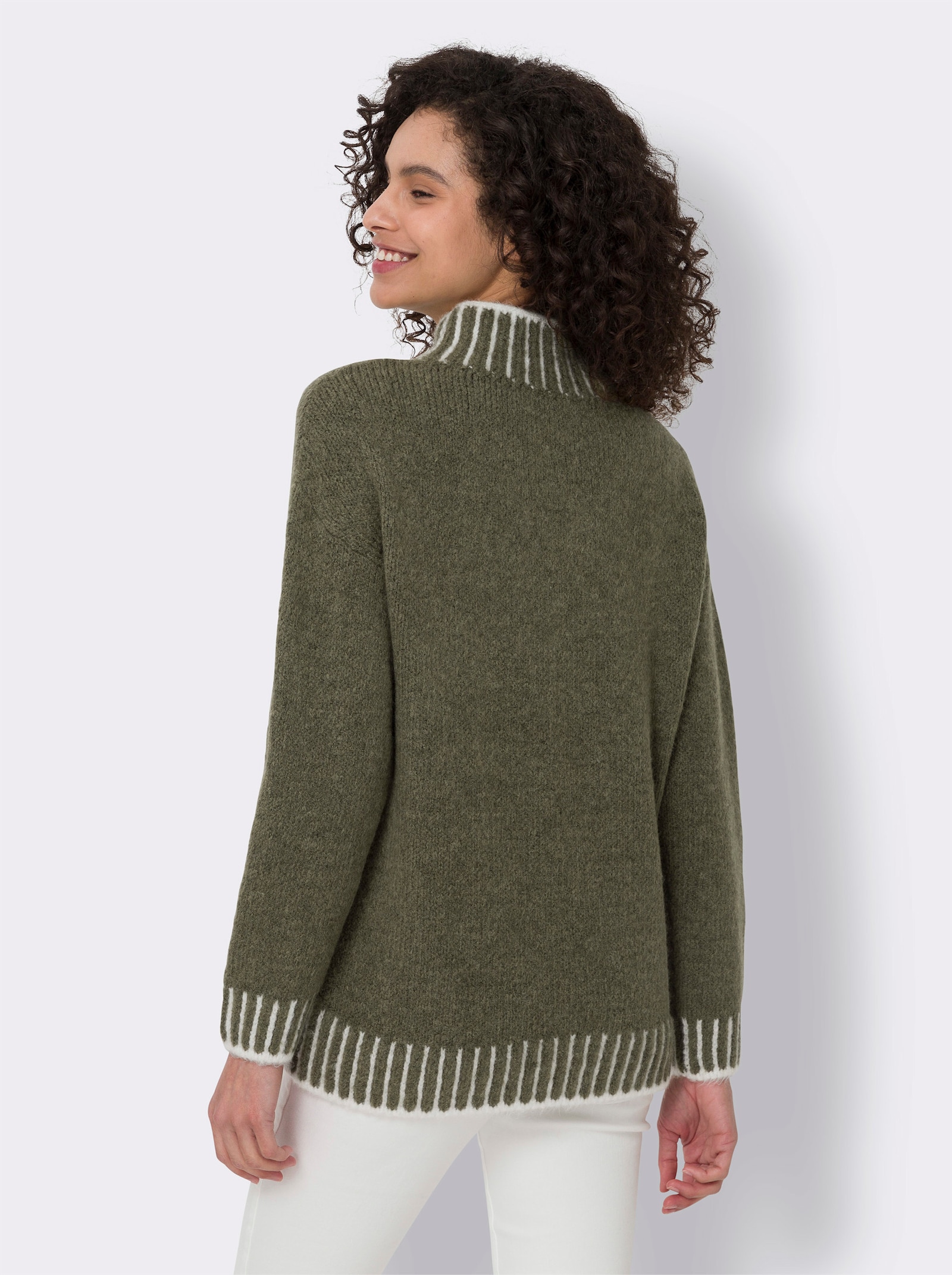 heine Stehkragenpullover mit Kontraststreifen - khaki-ecru-meliert