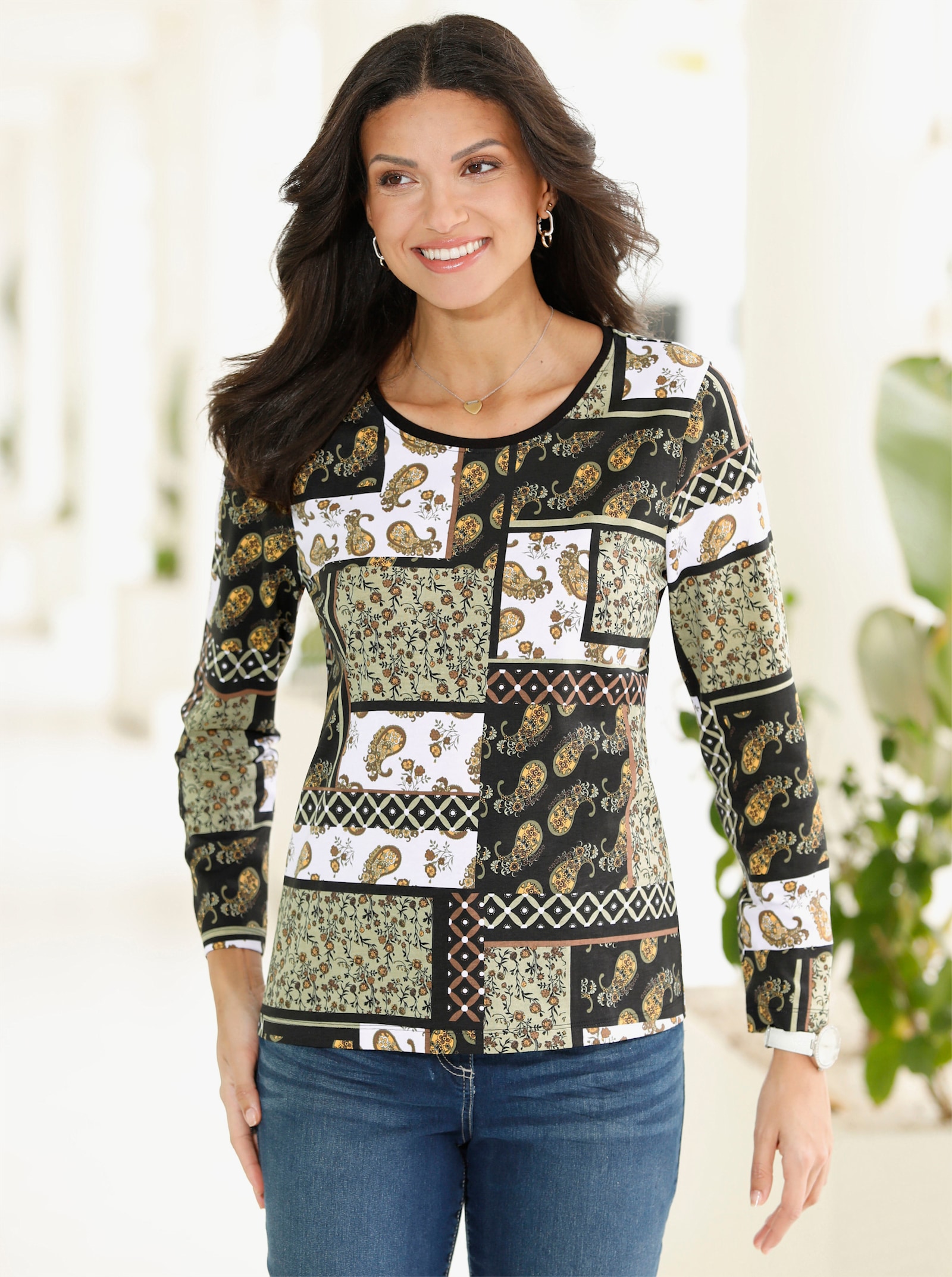 Langarmshirt im Patchwork-Druck - schilf-schwarz-bedruckt