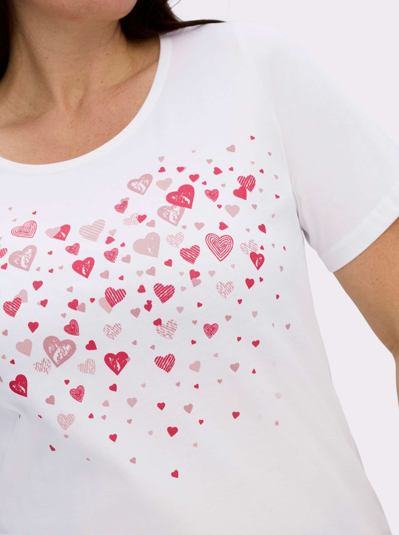 Kurzarmshirt mit Herz-Druck - weiß-pink