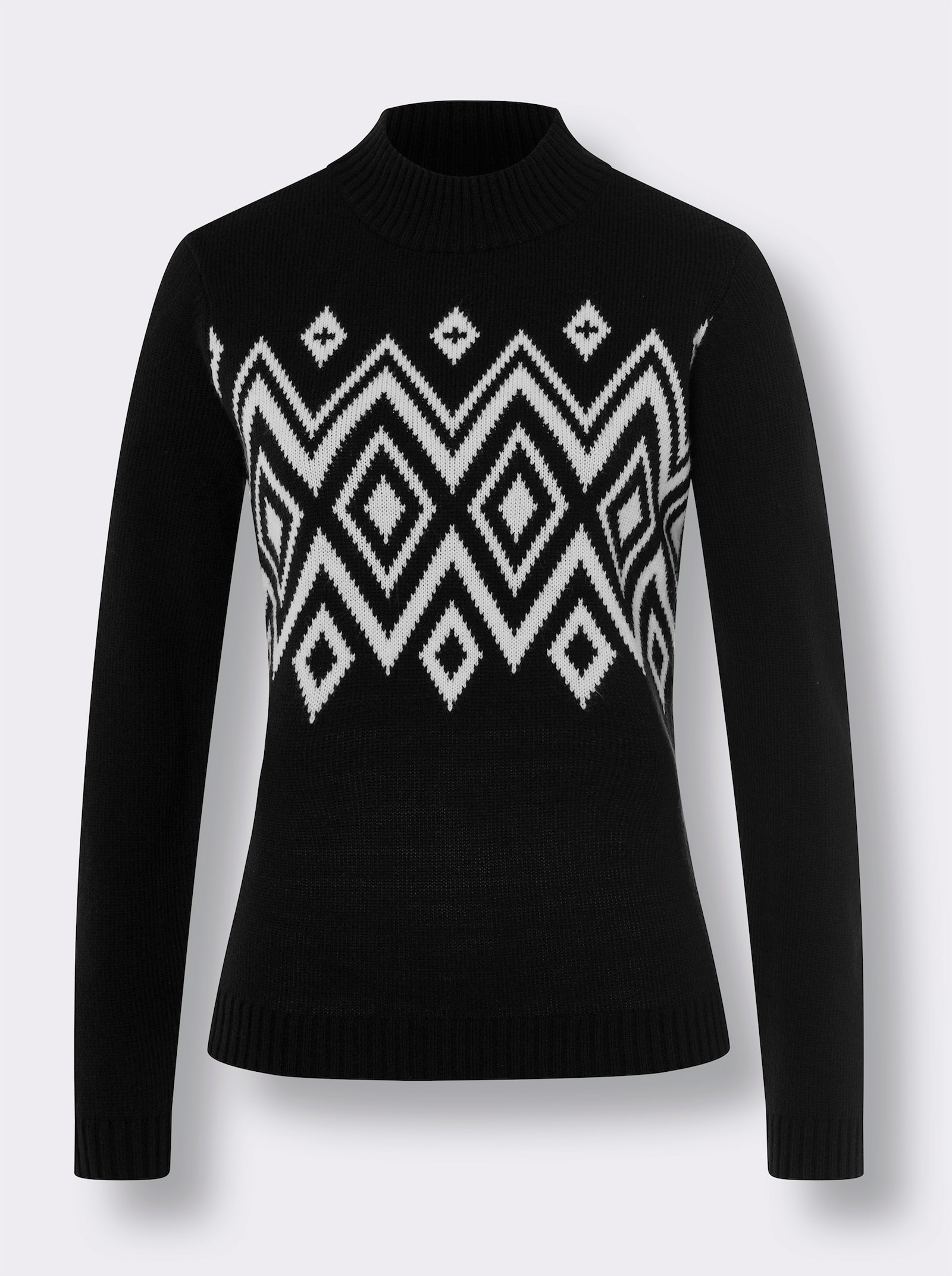 Pullover met opstaande kraag met Noors patroon - zwart/ecru