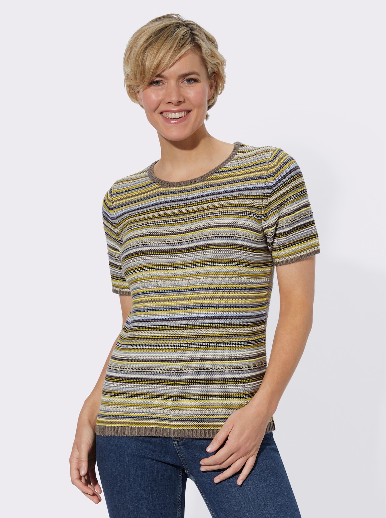 Kurzarmpullover - taupe-geringelt