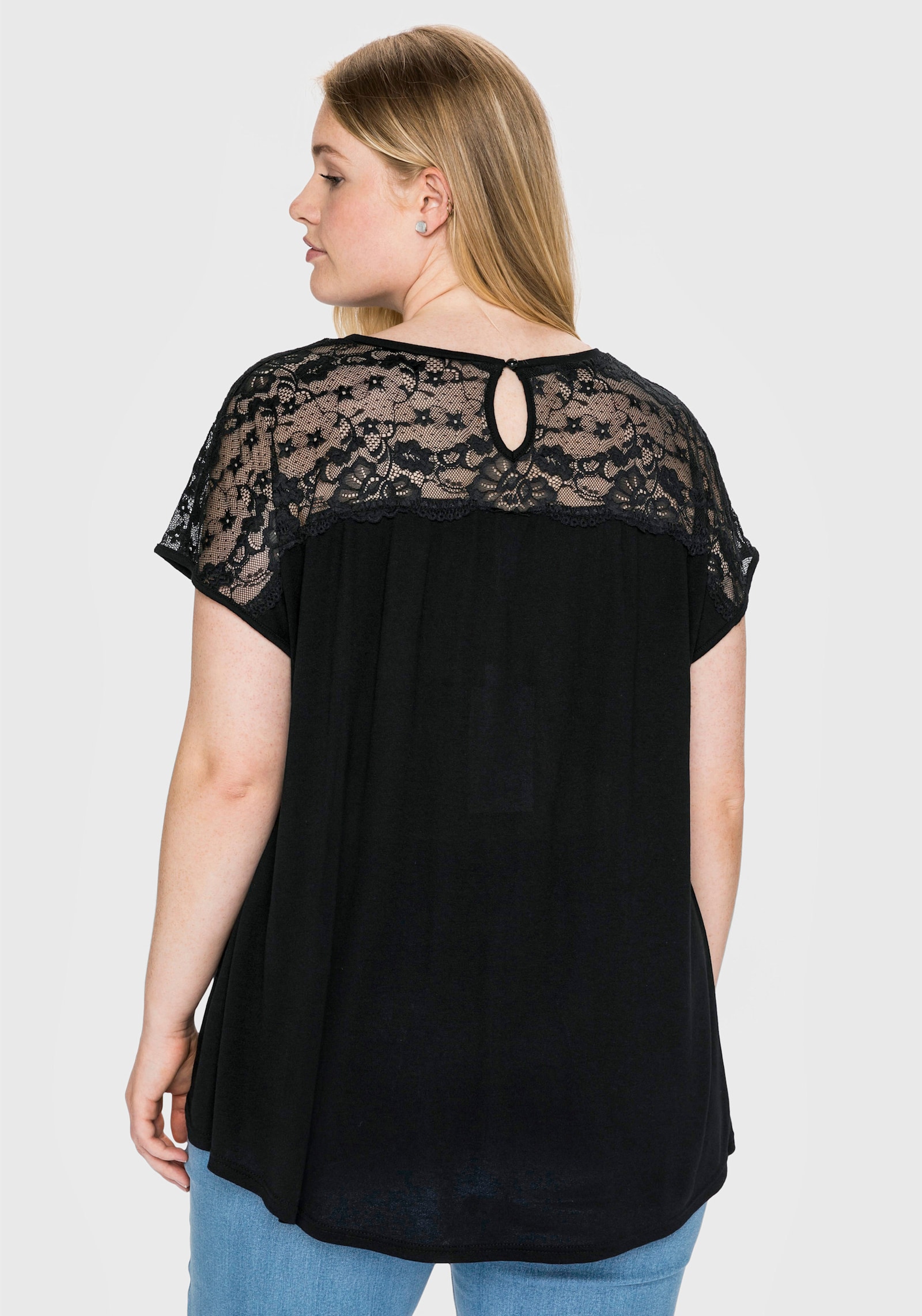 sheego Spitzenshirt in A-Linie - schwarz