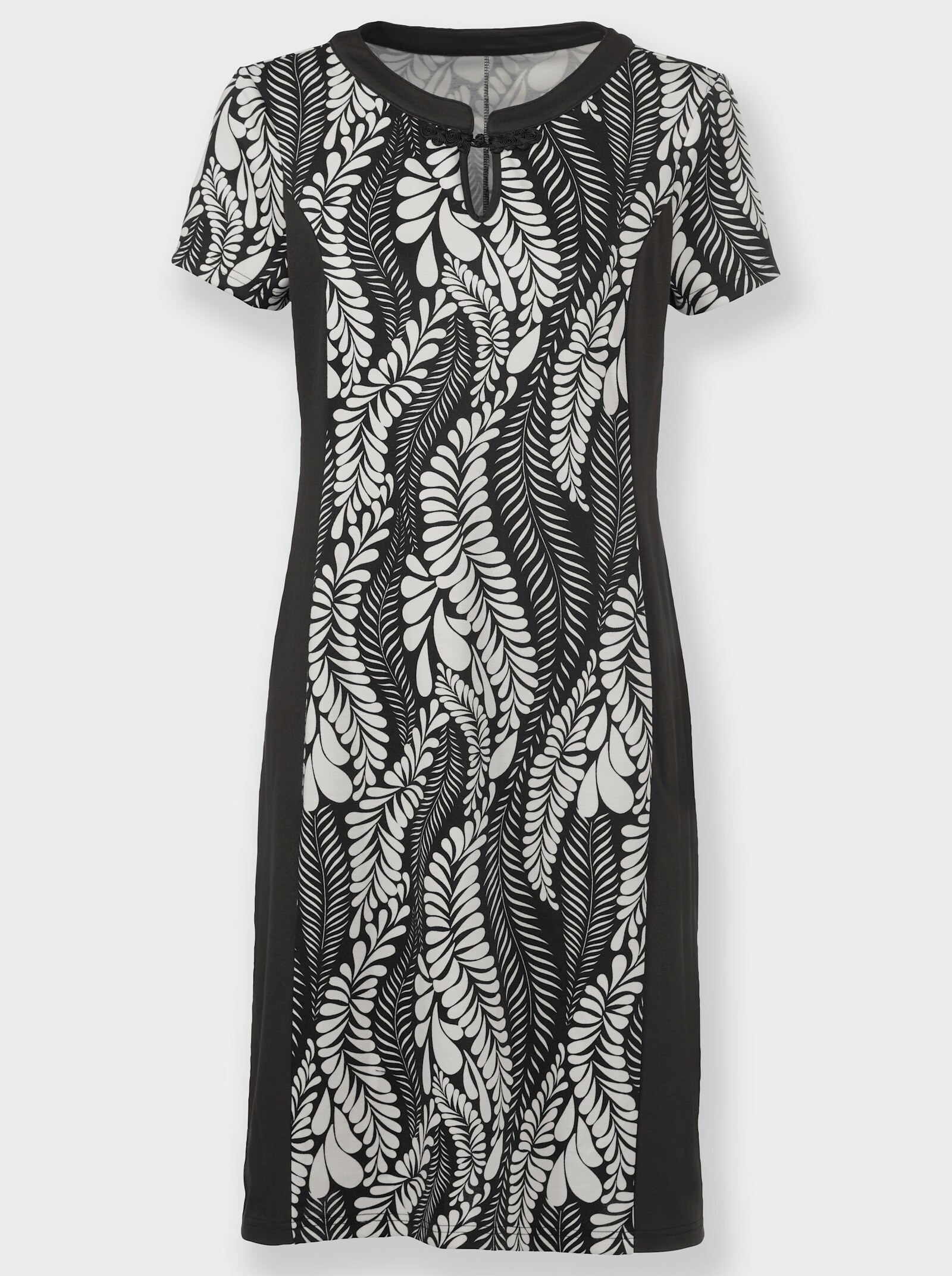 Fodralklänning i resvänligt material - svart-gräddvit, tryckt
