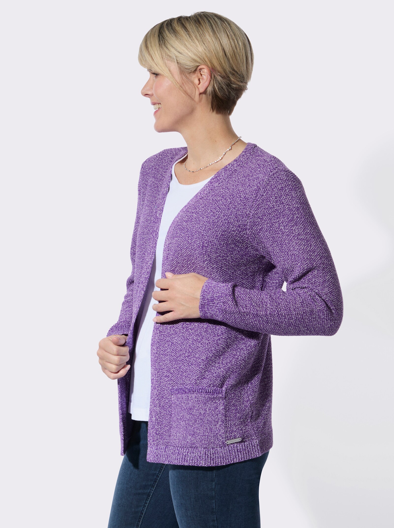 Strickjacke in verschlussloser Form - lila-ecru-meliert