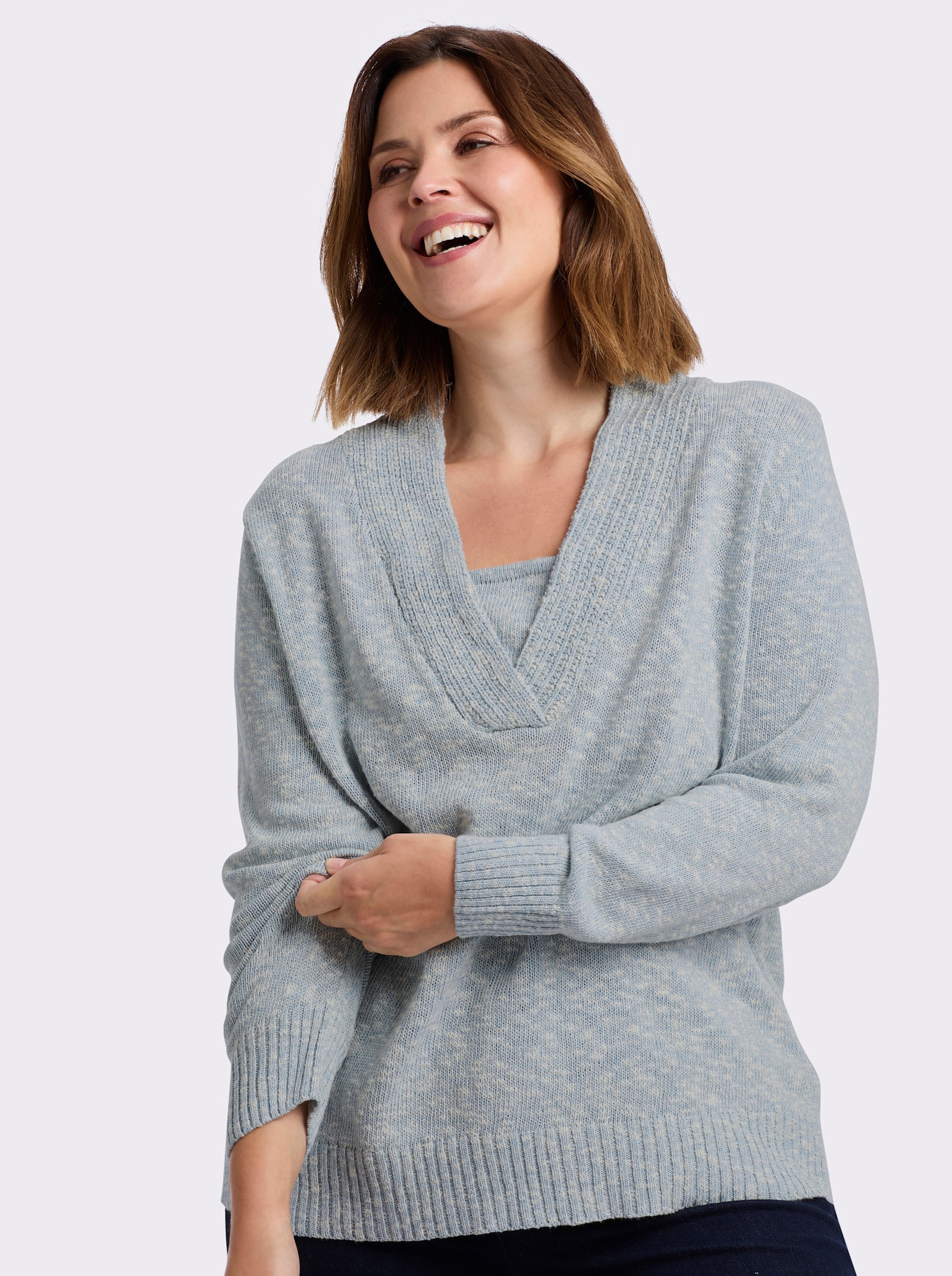 V-Ausschnitt-Pullover in 2-in-1-Optik - bleu-meliert