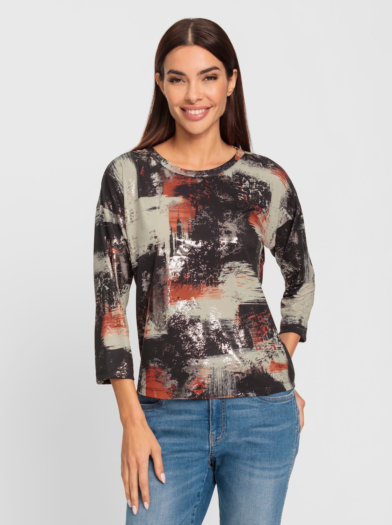 heine Rundhalsshirt mit schimmerndem Foliendruck - schwarz-rostrot-bedruckt