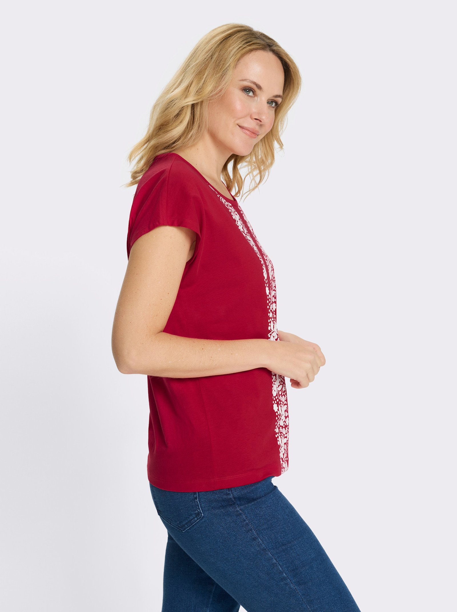 Kurzarmshirt mit Blumenmuster - rot-weiß