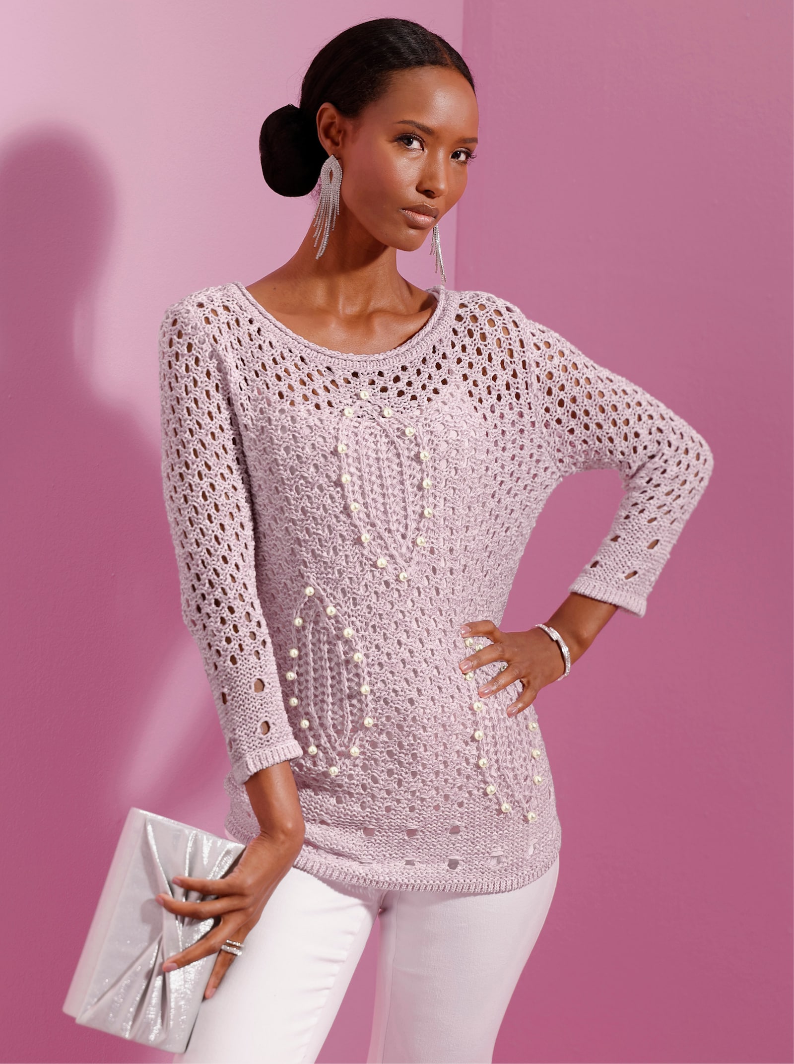 Ajourpullover mit Polyacryl - ecru-orchidee-meliert