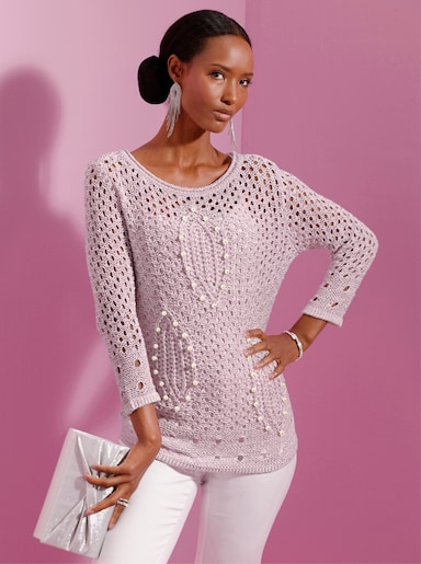 Ajourpullover mit Polyacryl - ecru-orchidee-meliert