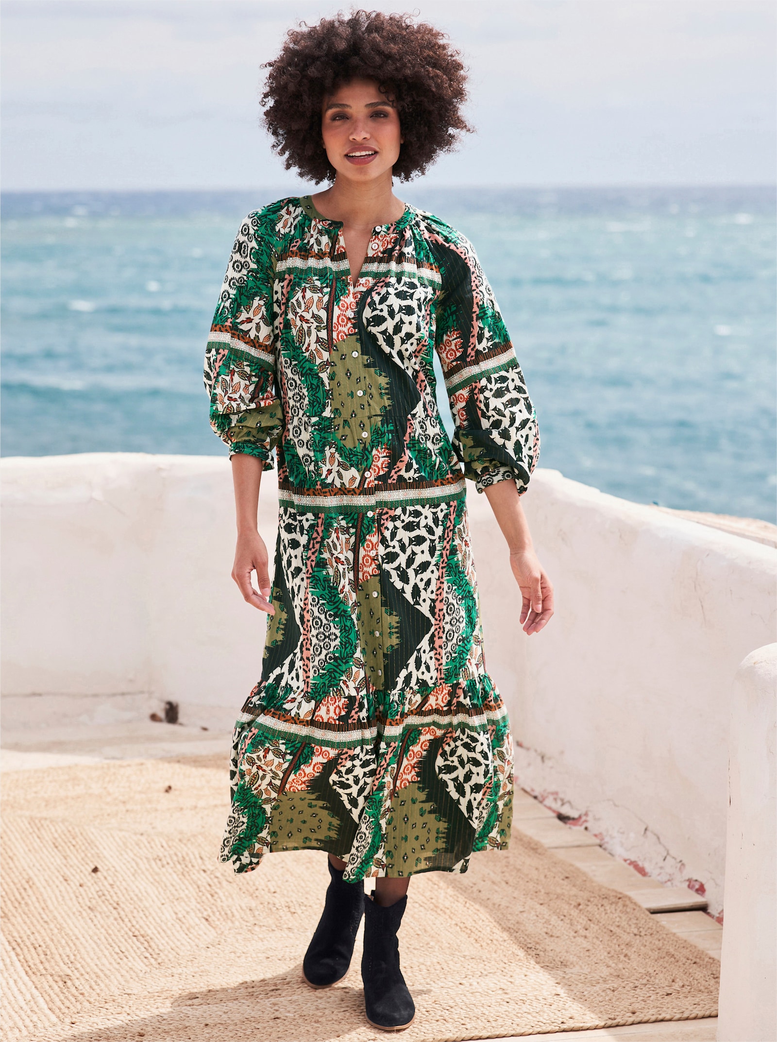 heine Jurk met print en balllonmouwen - marine/olijf bedrukt