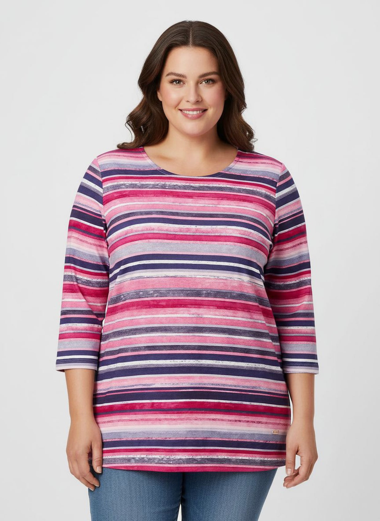 Rundhalsshirt mit 3/4-Ärmeln - altrosa-jeansblau-geringelt