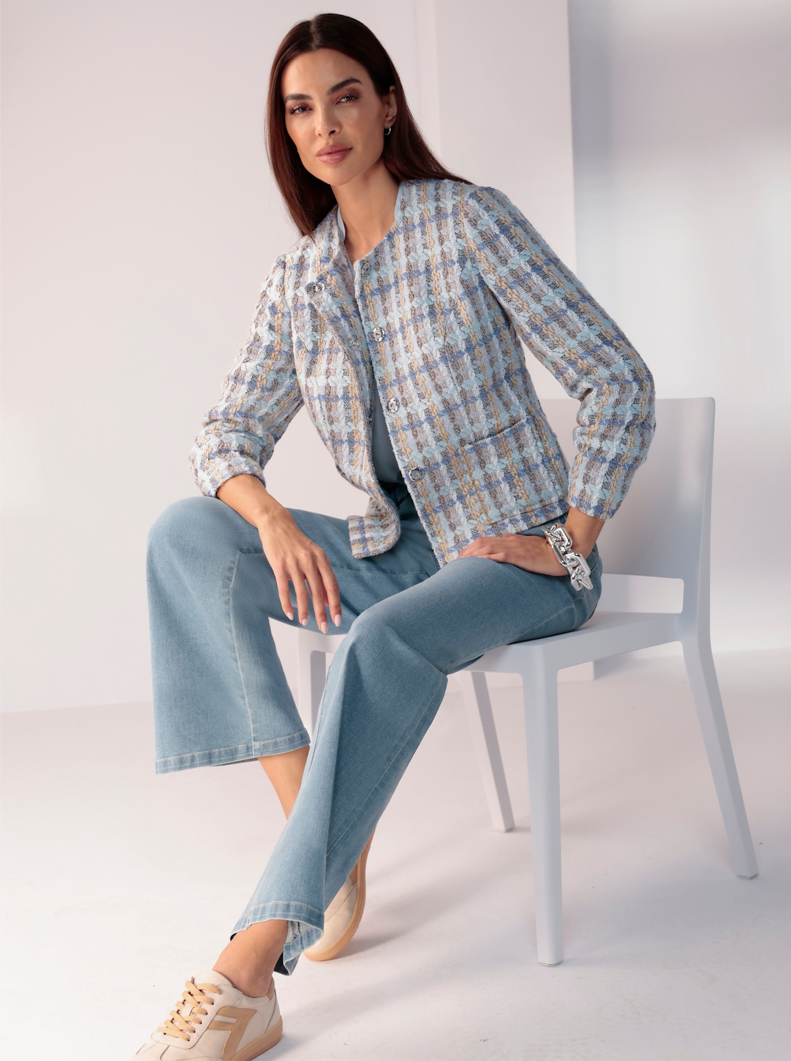 heine Bouclé-Blazer mit verdeckter Druckknopfleiste - sesam-hellblau-gemustert