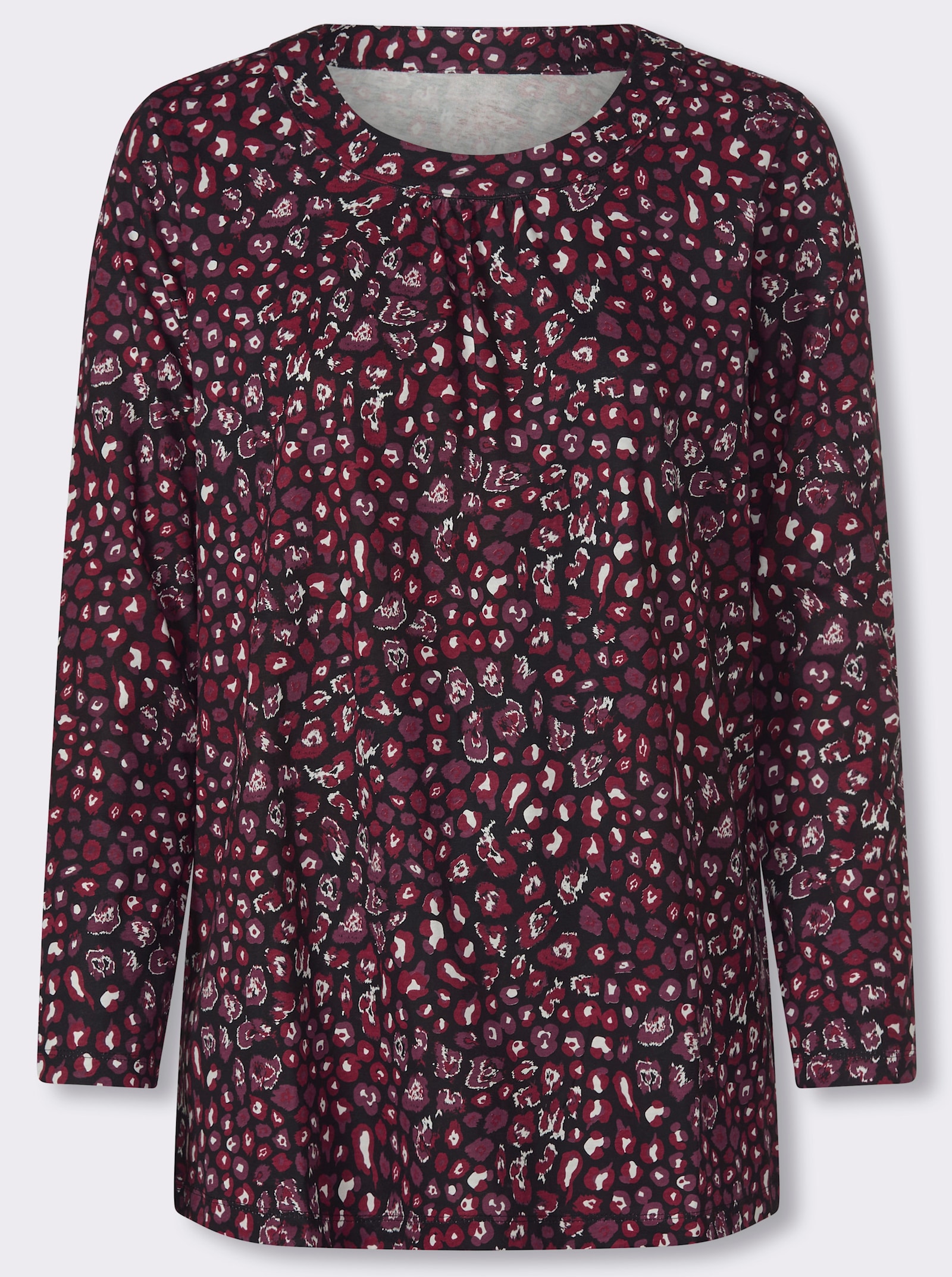 Longshirt in schmeichelnder A-Linie - schwarz-dunkelrot-bedruckt