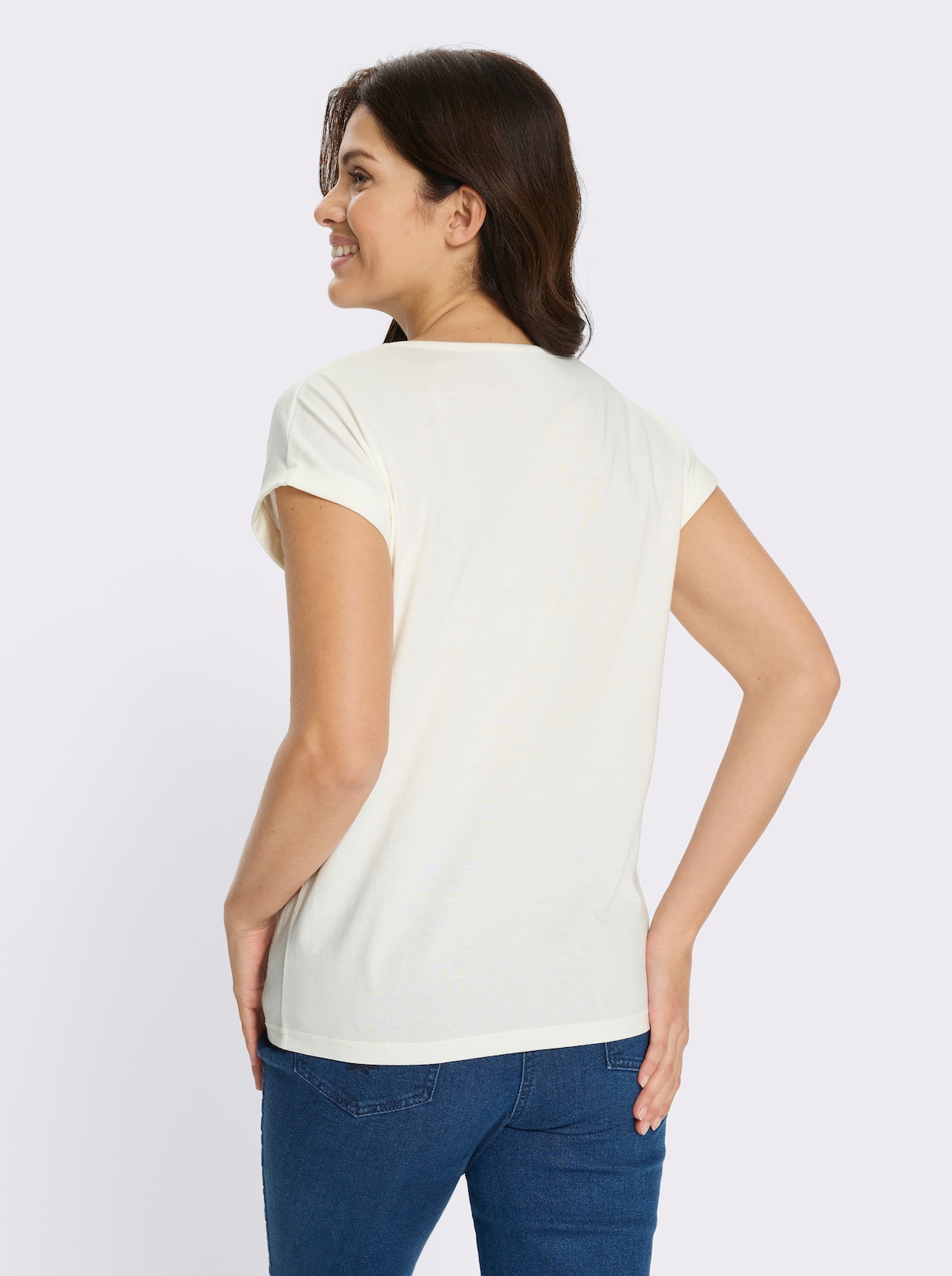 Rundhalsshirt mit überschnittenen Ärmeln - ecru-papaya