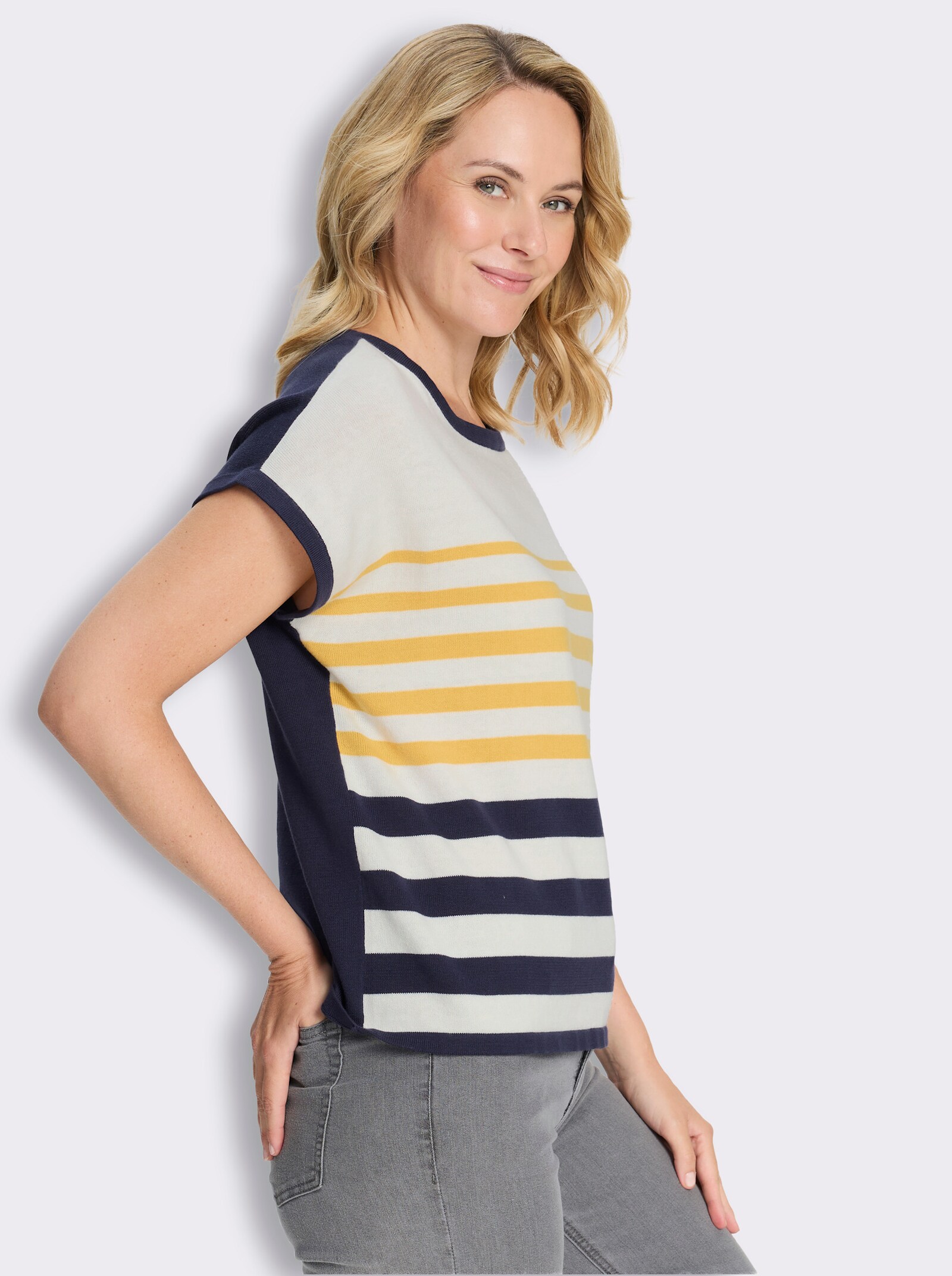 Kurzarmpullover aus reiner Baumwolle, gestreift - gelb-marine-geringelt