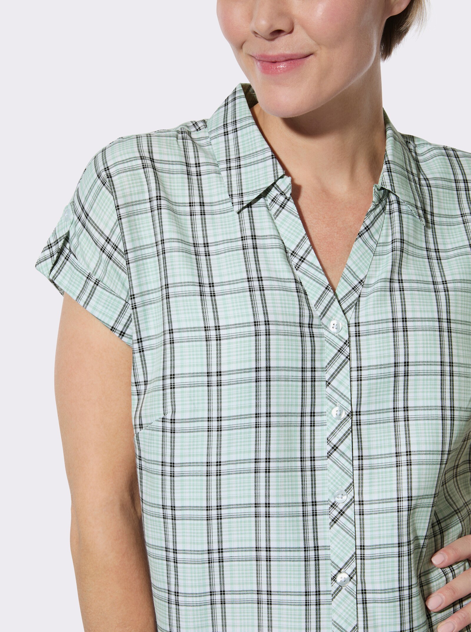 Karobluse mit Hemdkragen - kalkmint-weiß-kariert