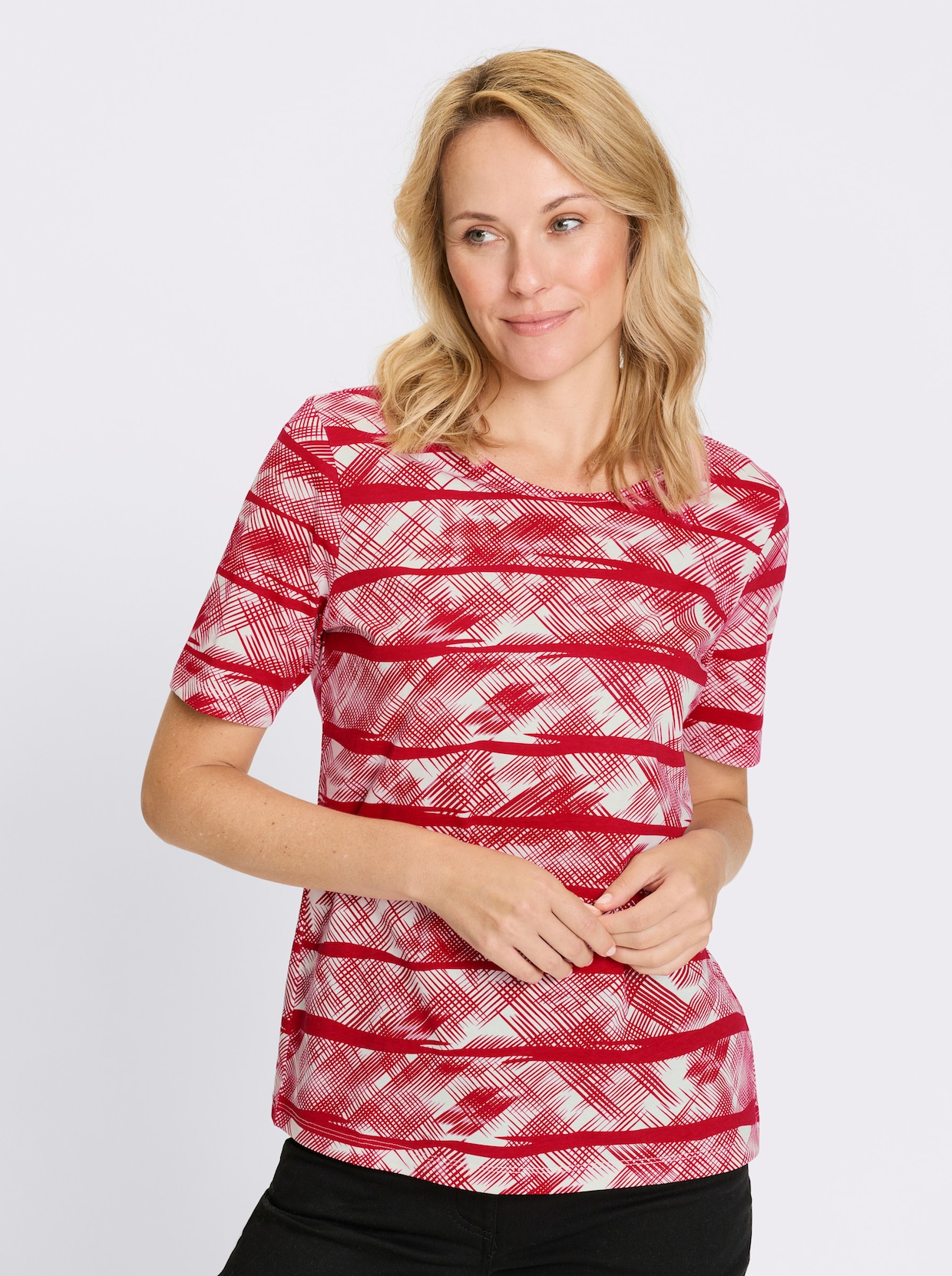 Kurzarmshirt - rot-ecru-bedruckt