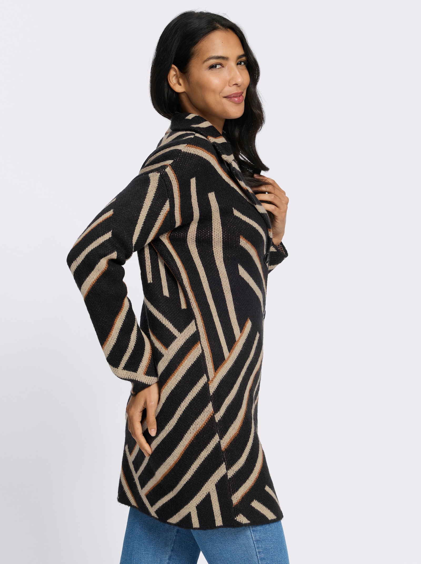 Longstrickjacke mit grafischem Jacquardmuster - schwarz-beige-gemustert