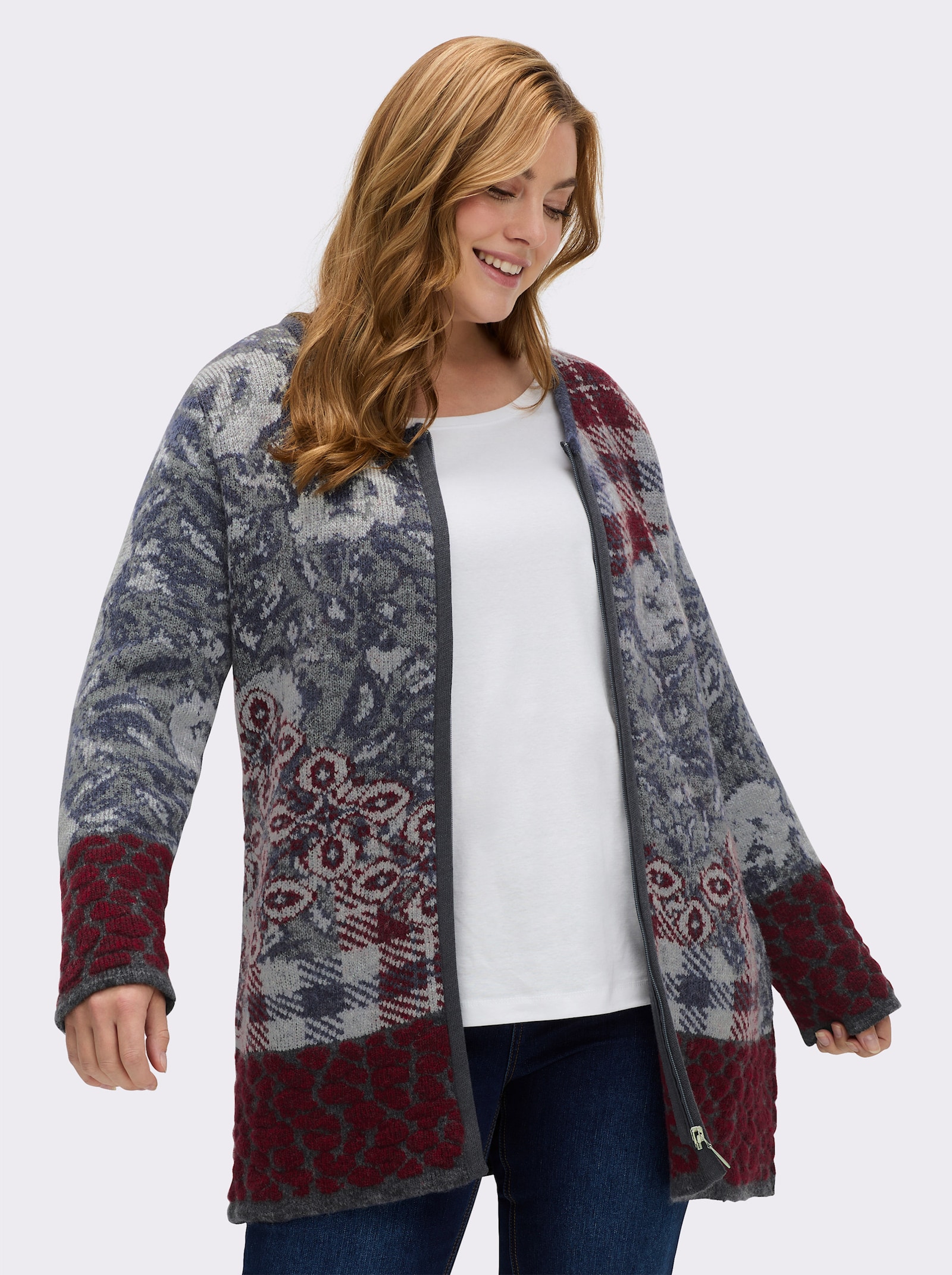 Jacquardstrickjacke für Drinnen und Draußen - rauchblau-gemustert