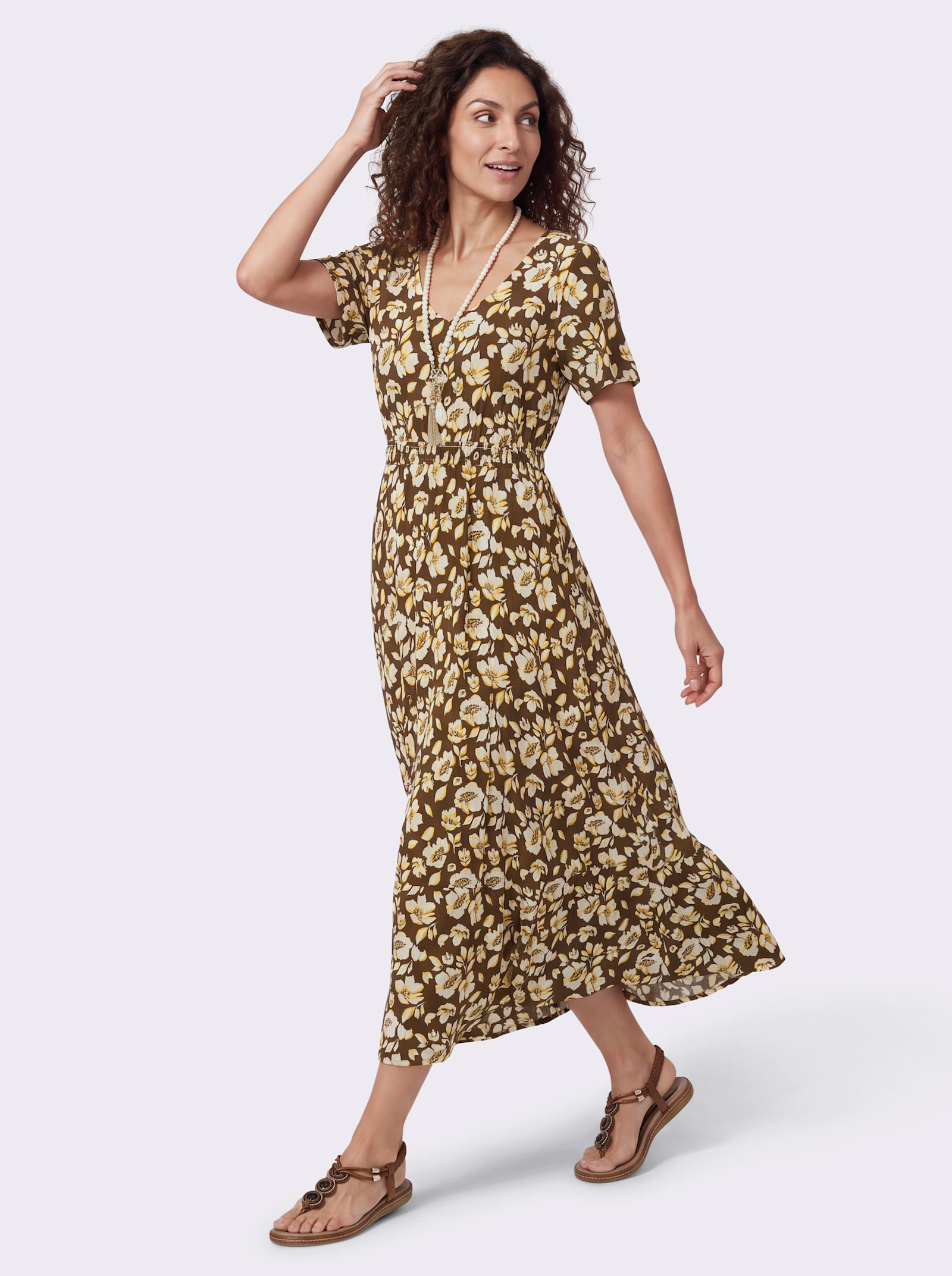 Druckkleid in A-Form - schoko-champagner-bedruckt