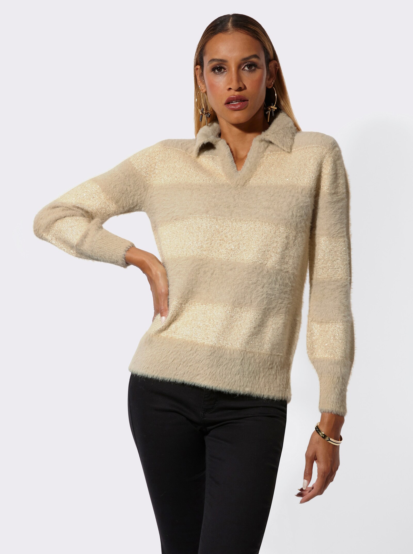 Langarm-Pullover mit Pailletten - sand