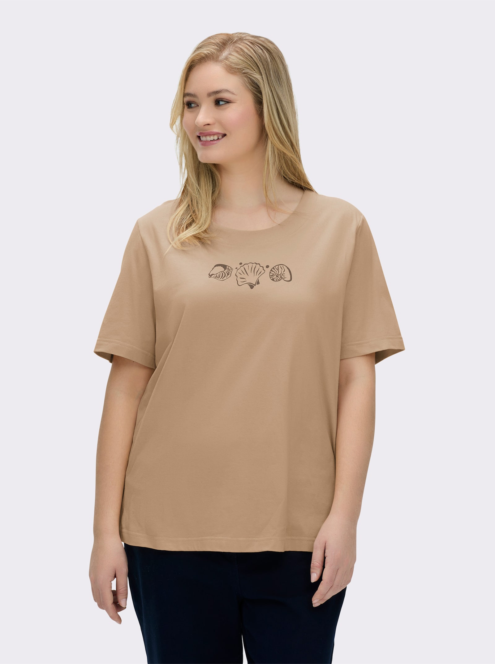 Kurzarmshirt mit Muschel-Druck - beige
