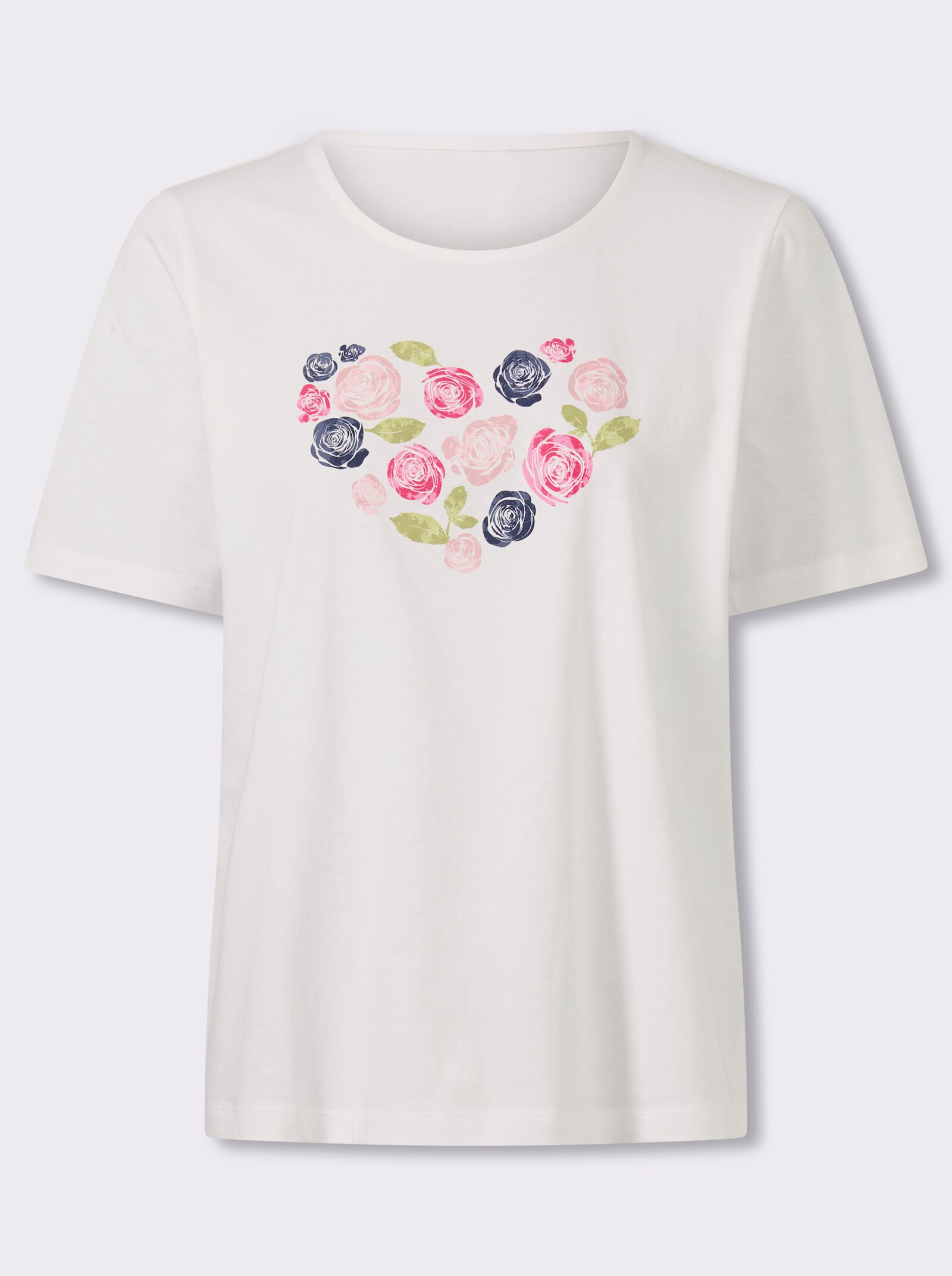 Kurzarmshirt mit Herz-Motiv aus Blüten - weiß-fuchsia