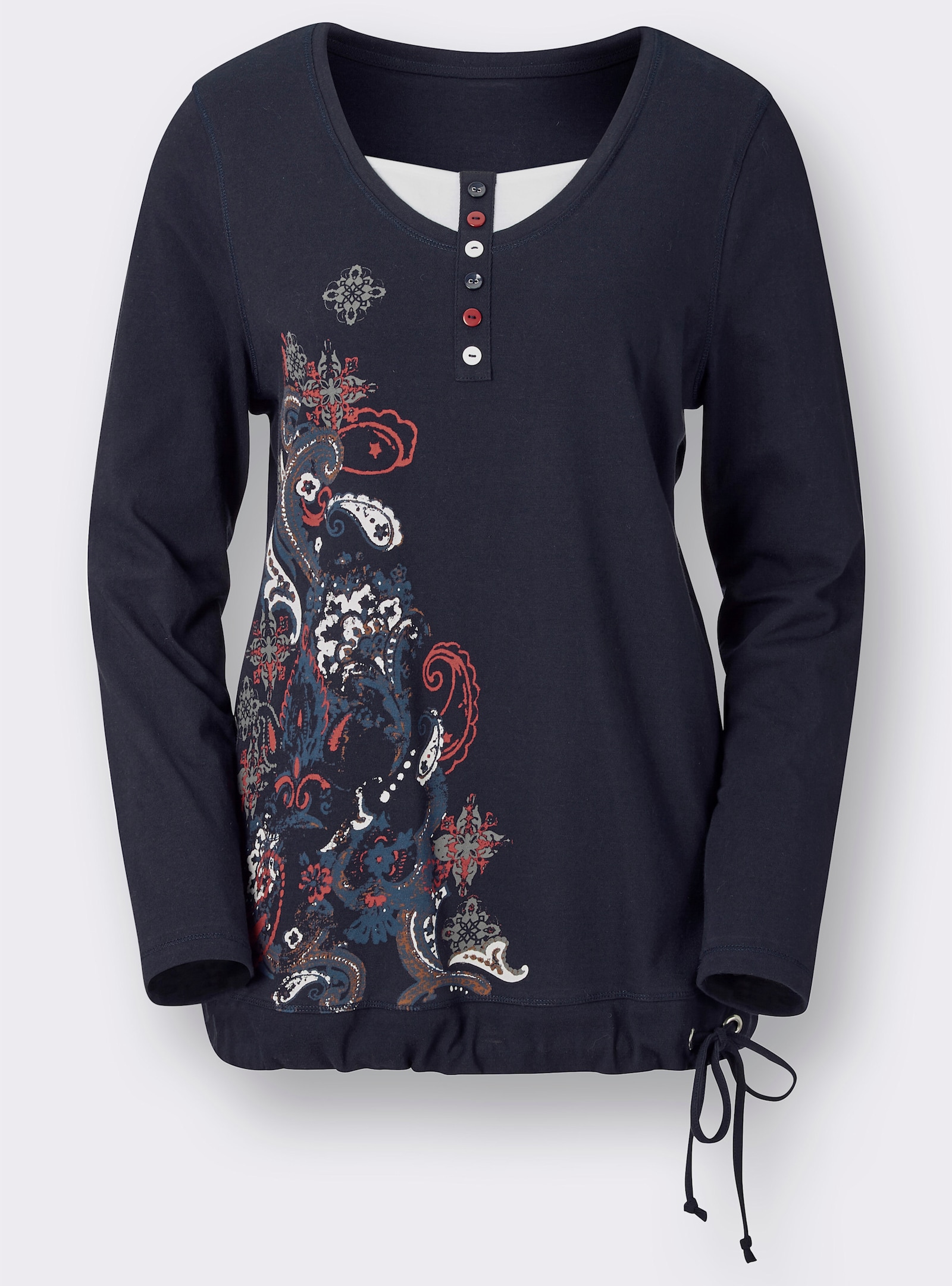 Rundhalsshirt im 2-in-1-Look - marine-weiß-bedruckt