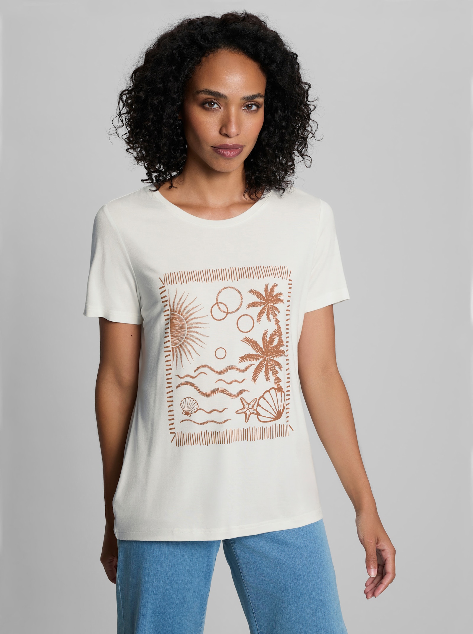 heine Kurzarmshirt mit Strand-Motiv - cognac-ecru-gemustert