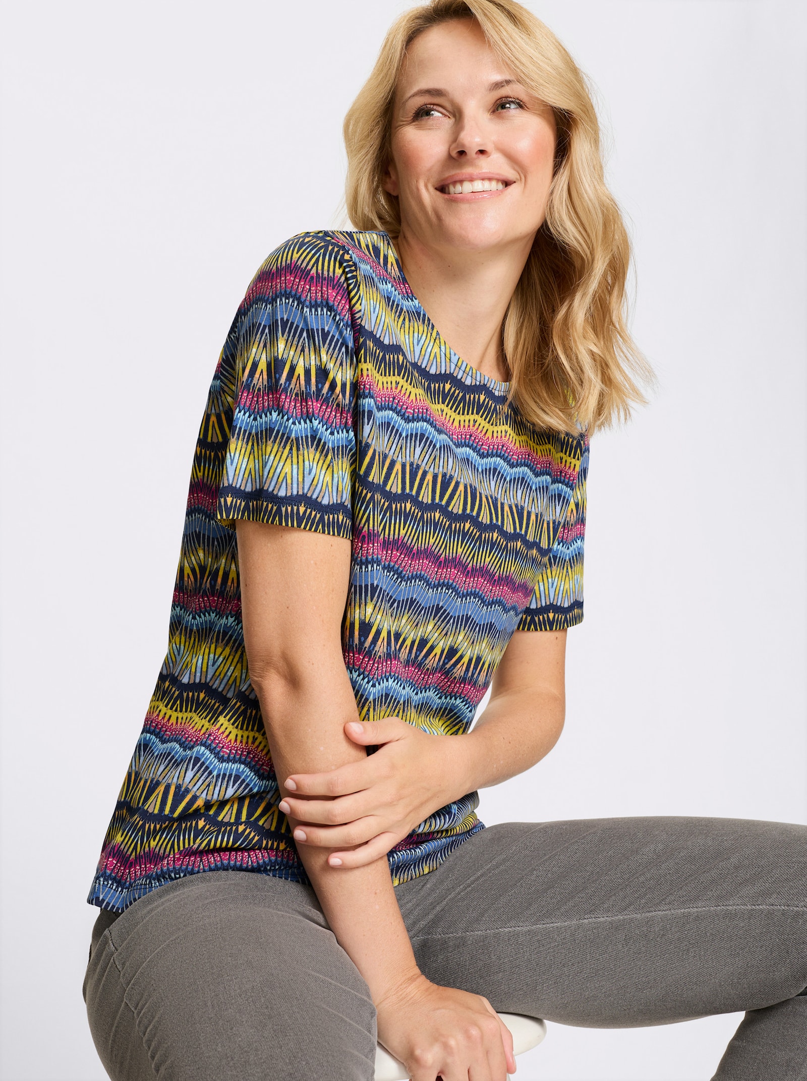 Shirt met ronde hals, van katoen, bedrukt - marine/limoen bedrukt