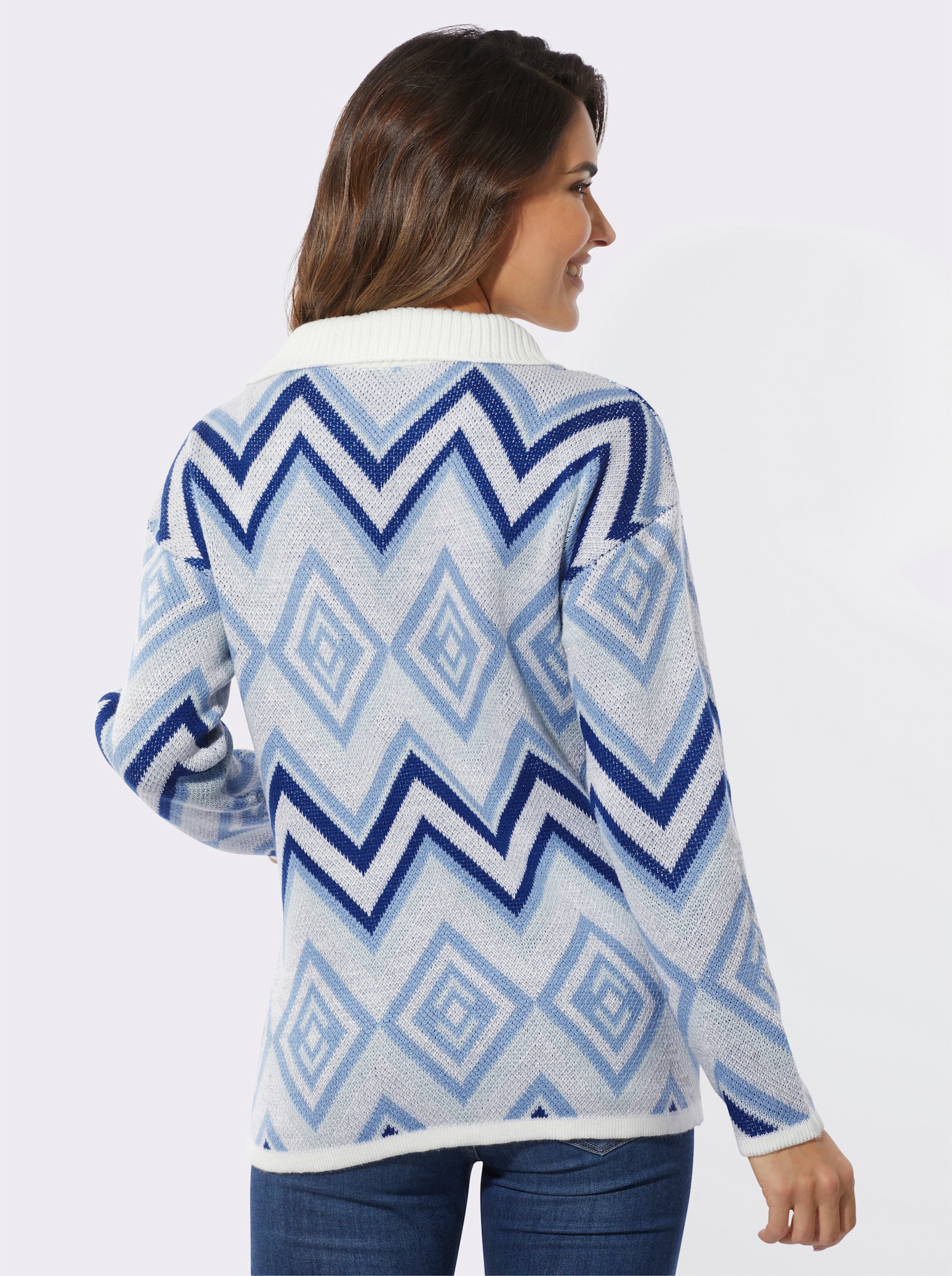 Troyer mit Rauten-Muster und Glanzgarn - ecru-himmelblau-gemustert