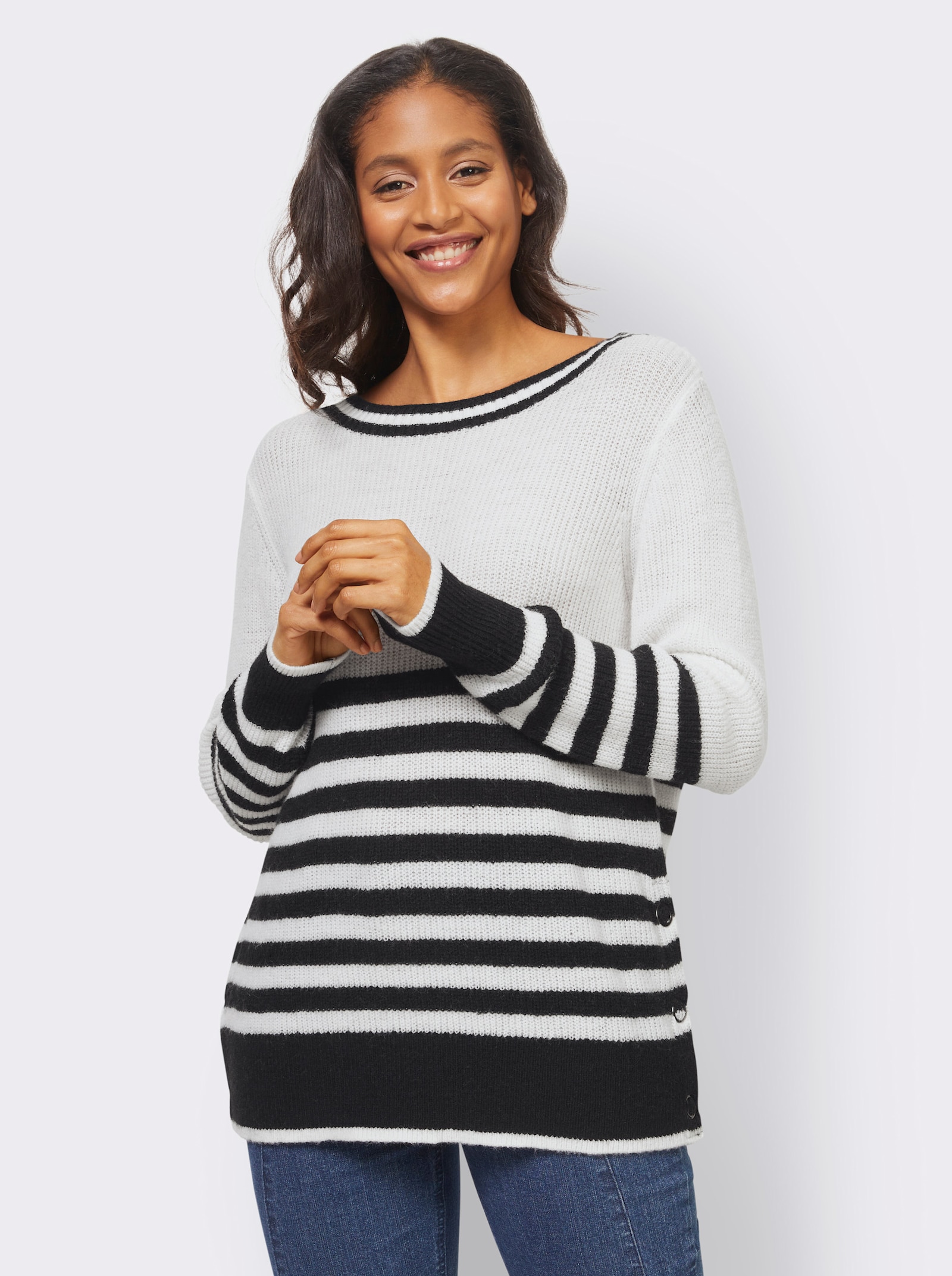 heine Gestreepte pullover met drukknopen opzij - ecru/zwart gestreept