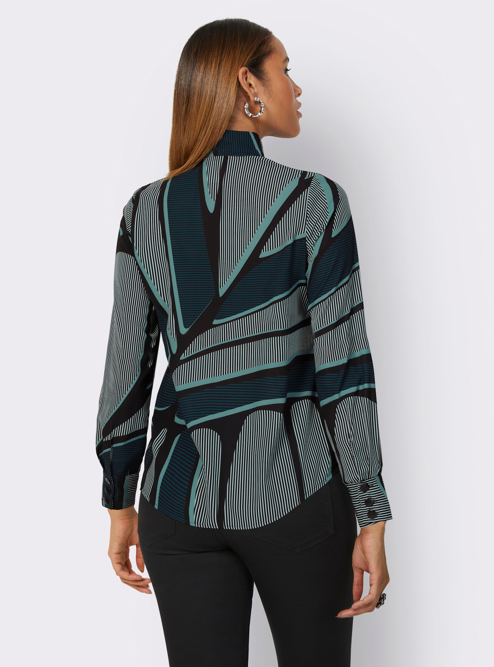 Bluse mit Stehkragen asymmetrische Knopfleiste - ecru-jade-bedruckt