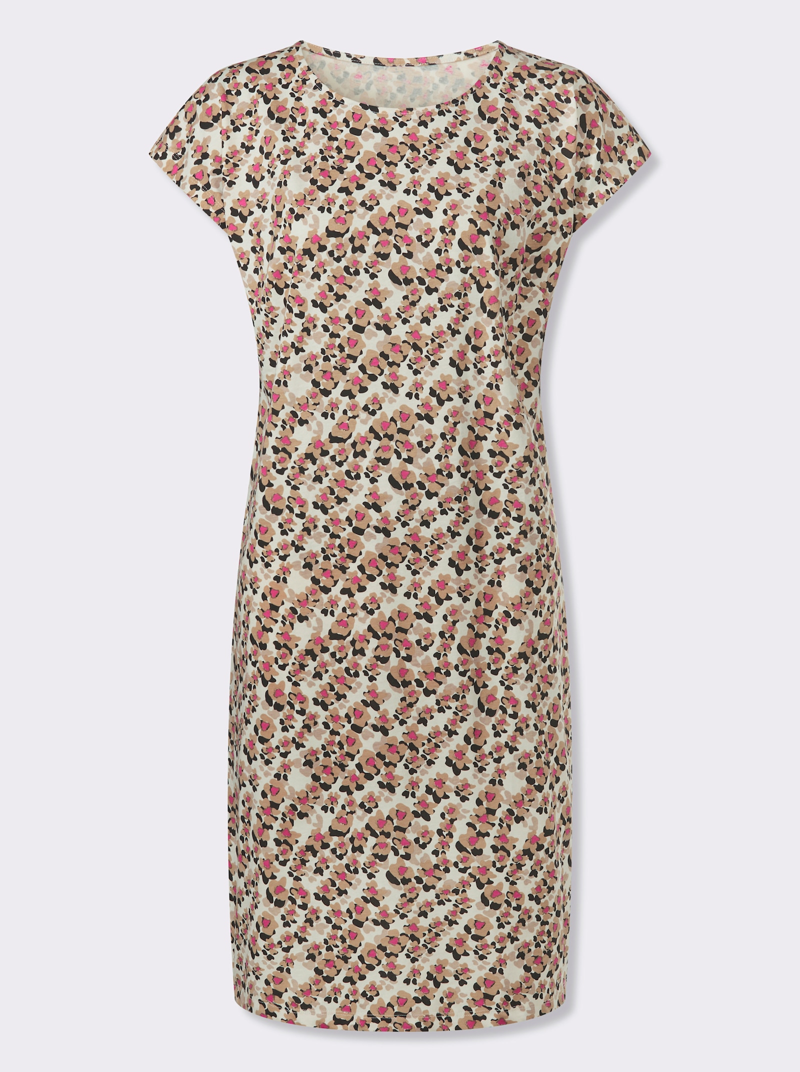 Trikåklänning i bomullsmaterial - champagne-kamel-med tryck