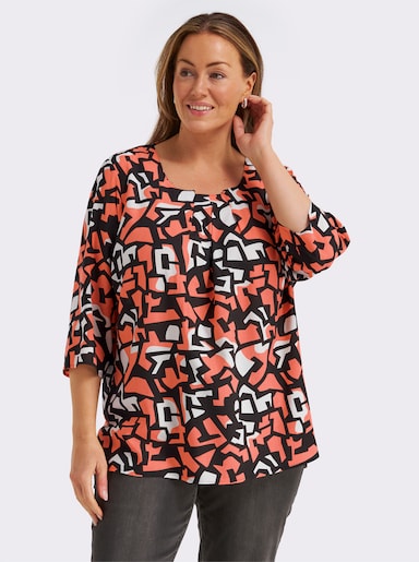 Druckbluse mit Falten am Ausschnitt - papaya-schwarz-bedruckt