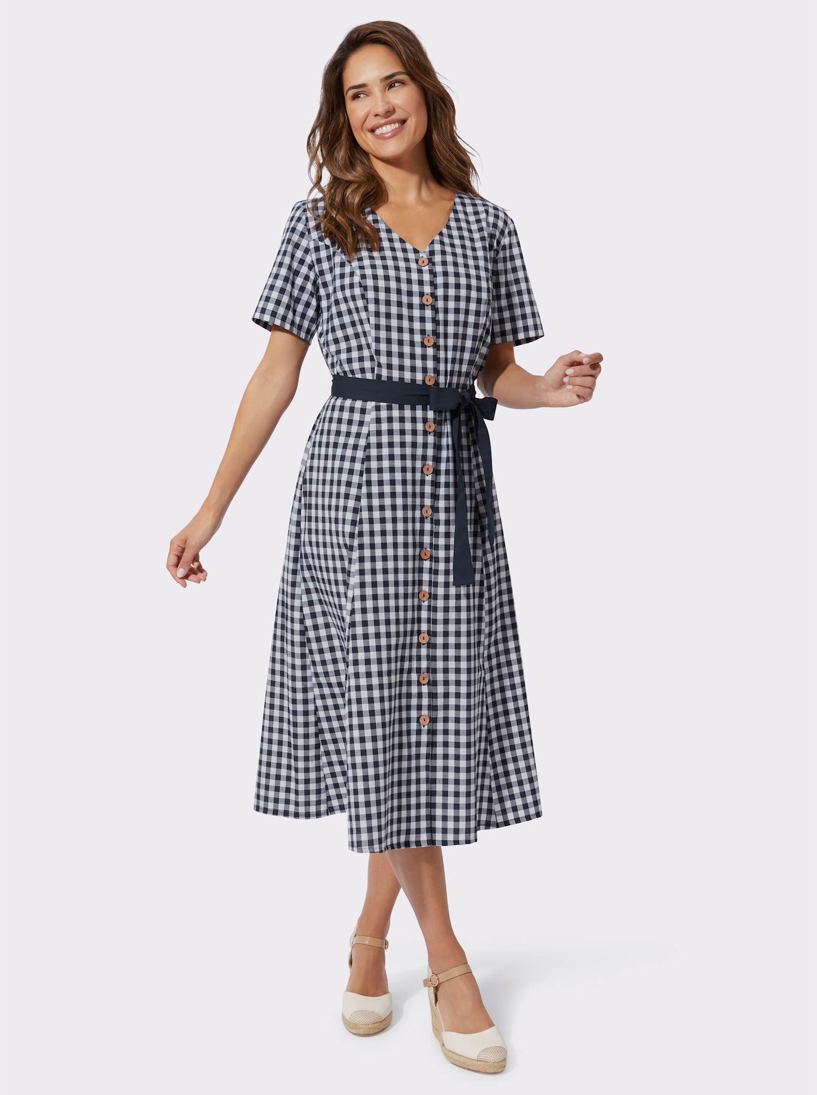 Trachtenkleid mit Bindegürtel - marine-weiss-kariert