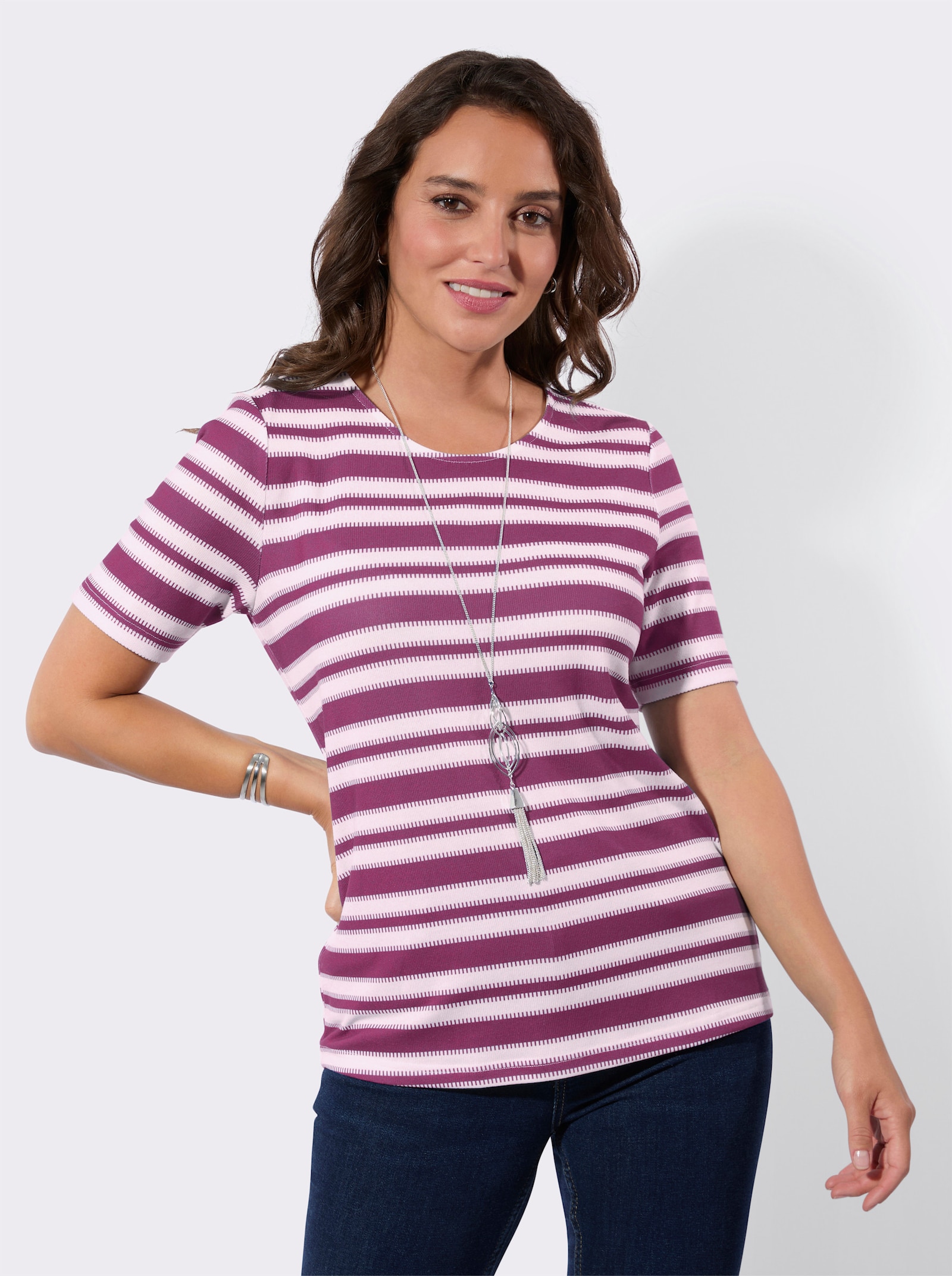 Kurzarmshirt in innen angerauter Qualität - violett-weiß-geringelt