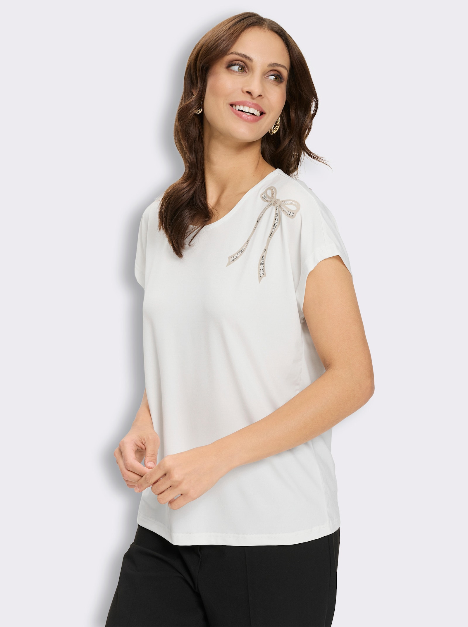 Kurzarmshirt mit Schleifchen-Stickerei - ecru