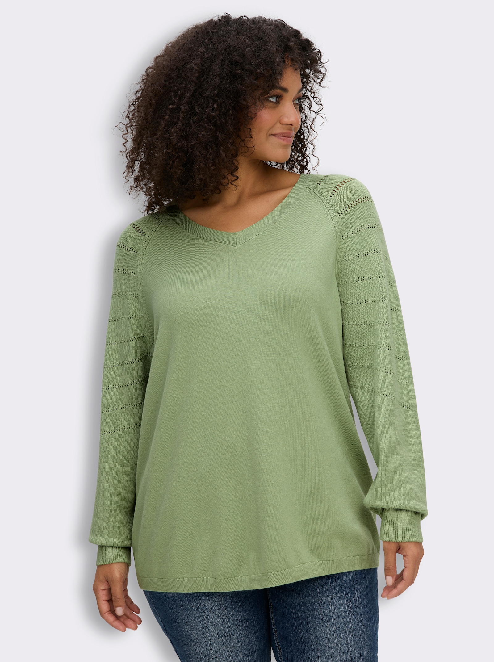 sheego V-Ausschnitt-Pullover mit Ajourmuster-Details - eucalyptus