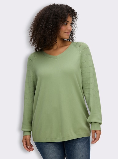 sheego V-Ausschnitt-Pullover mit Ajourmuster-Details - eucalyptus