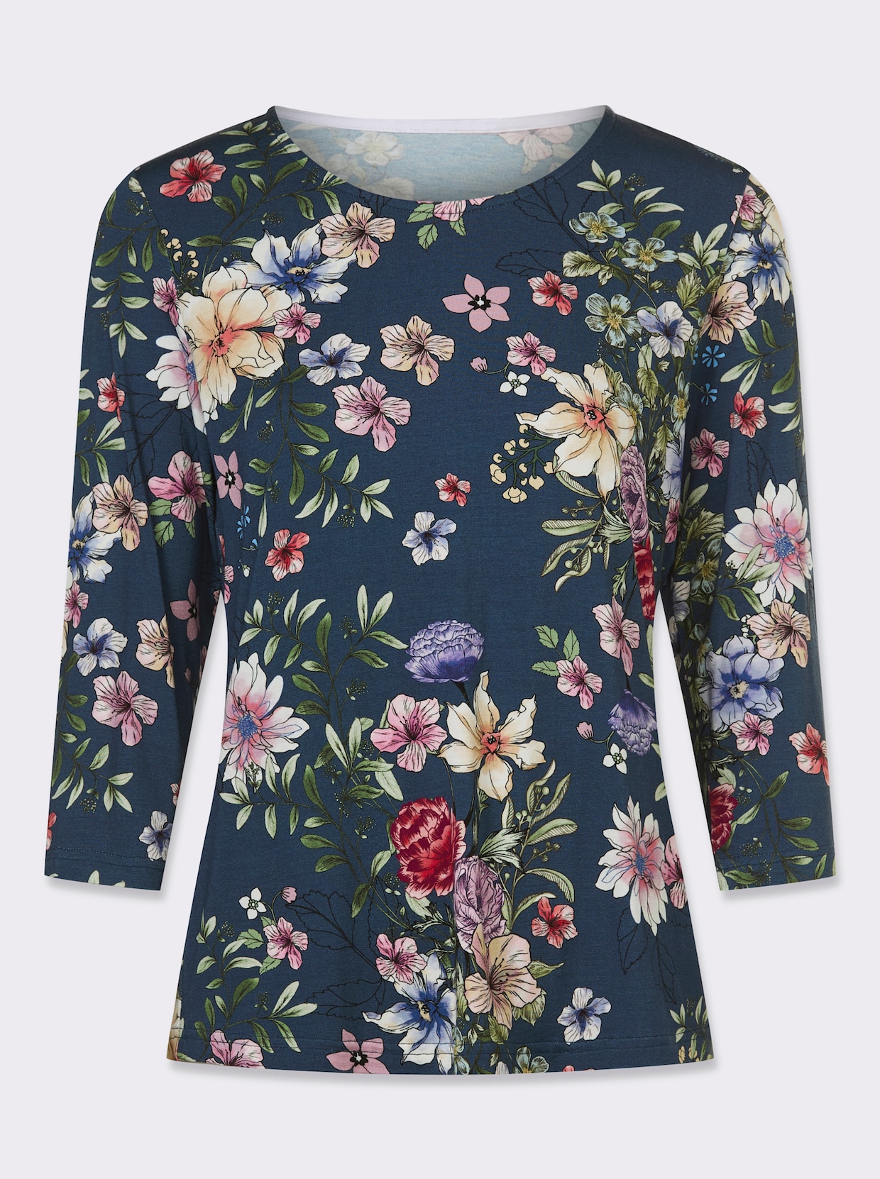 Rundhalsshirt - dunkelblau-orchidee-bedruckt