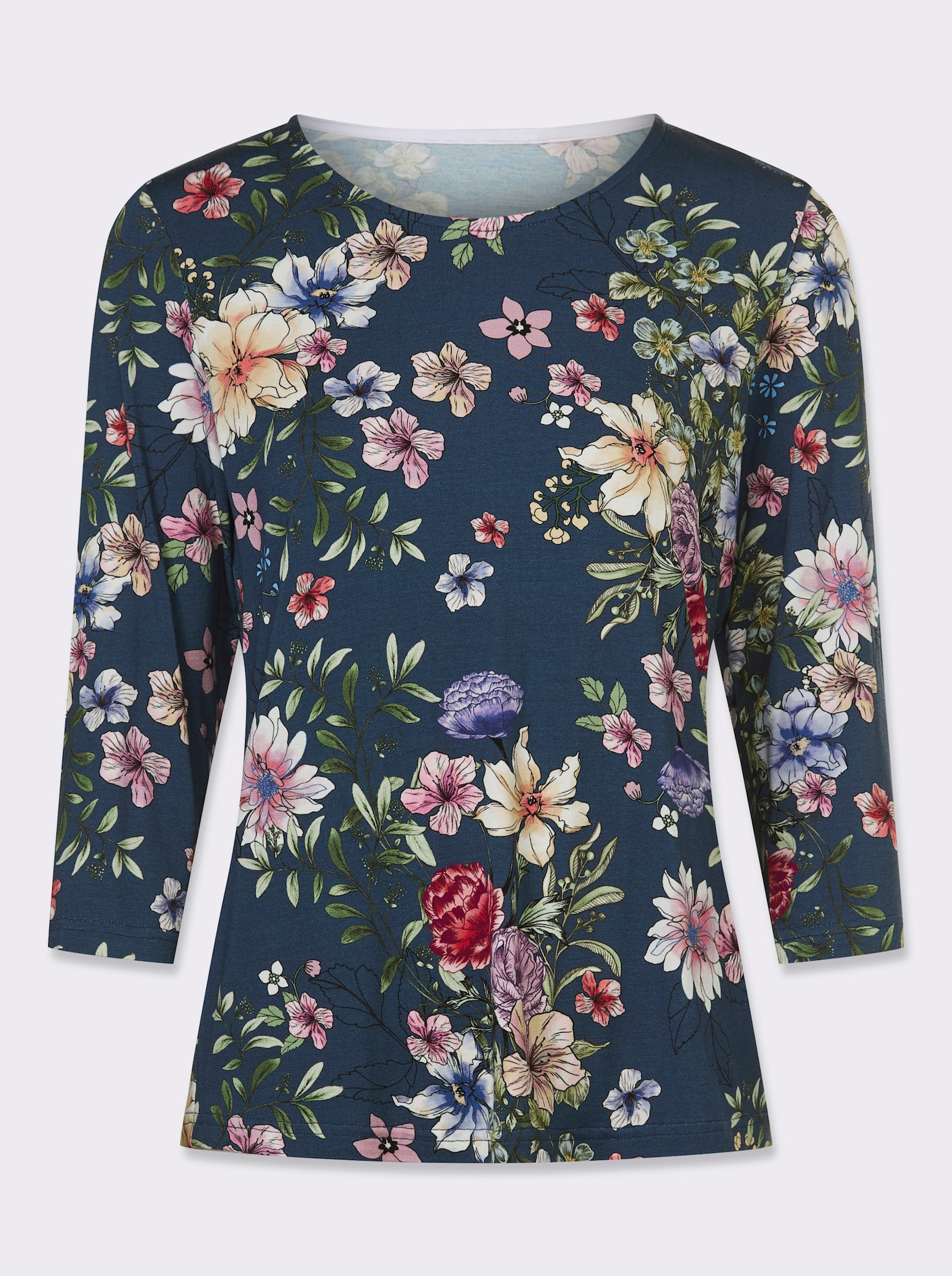 Shirt met ronde hals, in bloemdessin - donkerblauw/orchidee bedrukt