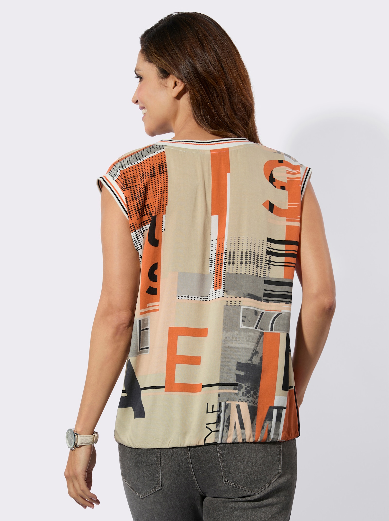 Blusentop mit gestreiften Bündchen - orange-sand-bedruckt