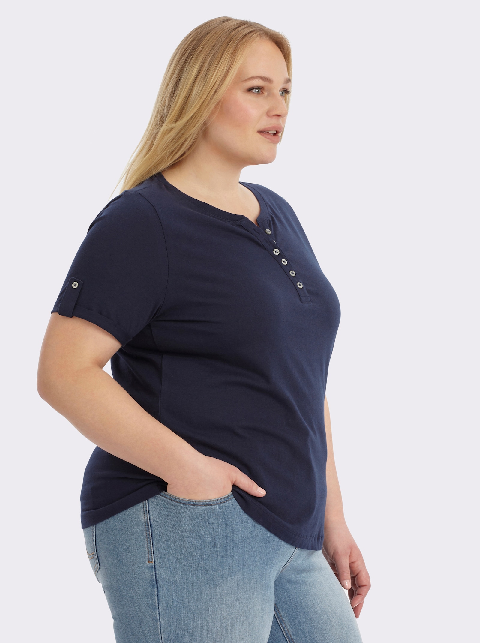 Kurzarmshirt mit fixiertem Ärmel-Aufschlag - marine