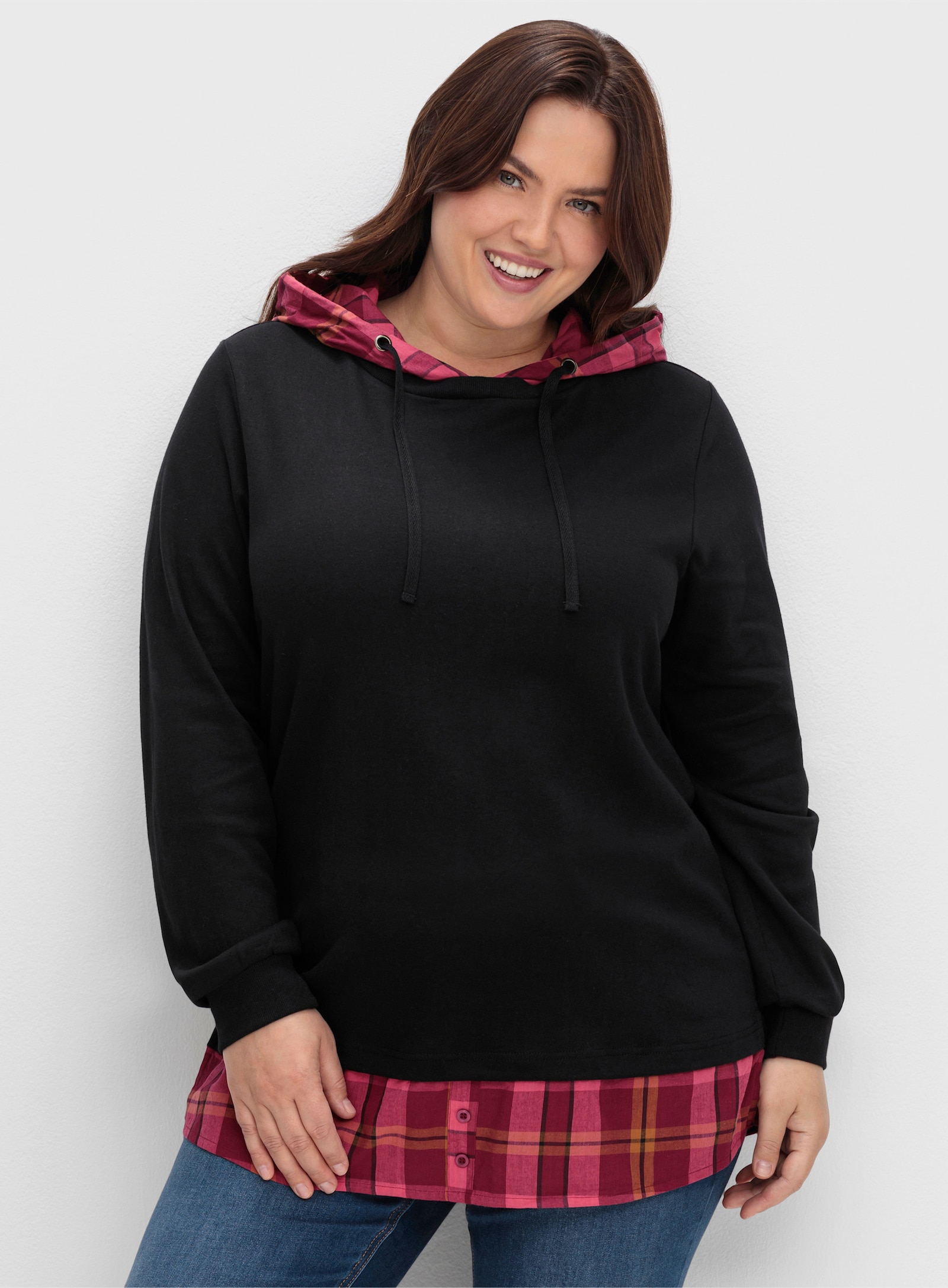 sheego Sweatshirt mit Flanell-Details - schwarz