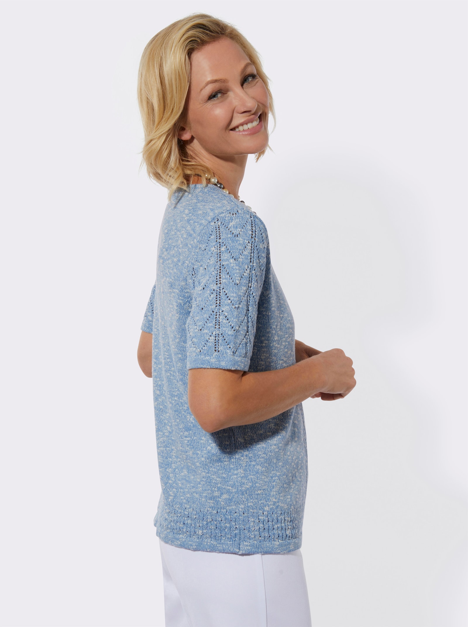 Ajourpullover in leichter Qualität - himmelblau-ecru-meliert