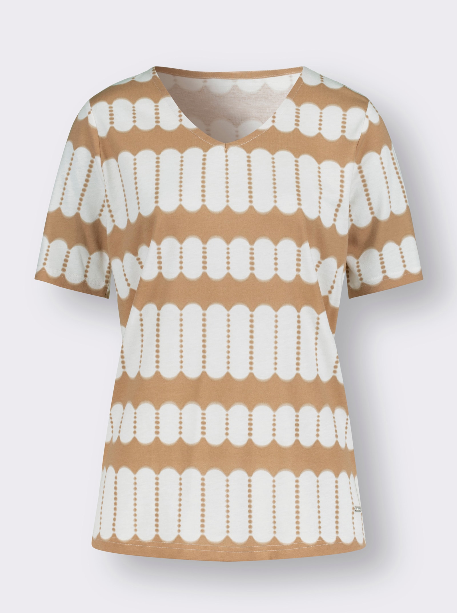 Kurzarmshirt mit V-Ausschnitt - camel-ecru-bedruckt