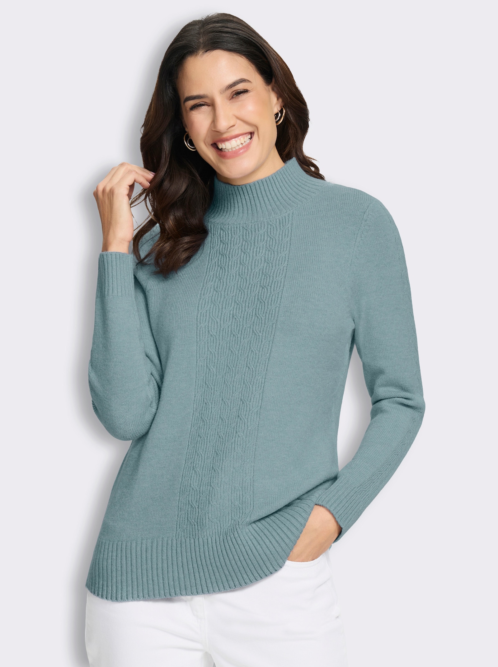 Stehkragenpullover mit Zopfmuster - jade-meliert