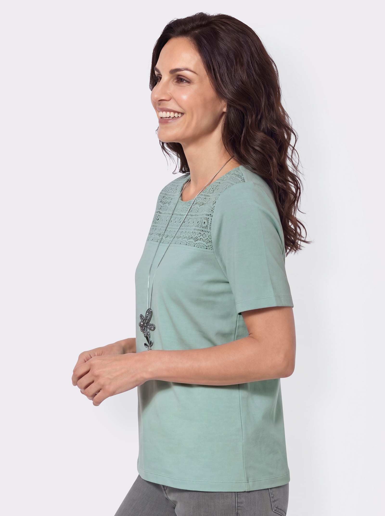 Spitzenshirt mit Rundhals-Ausschnitt - kalkmint